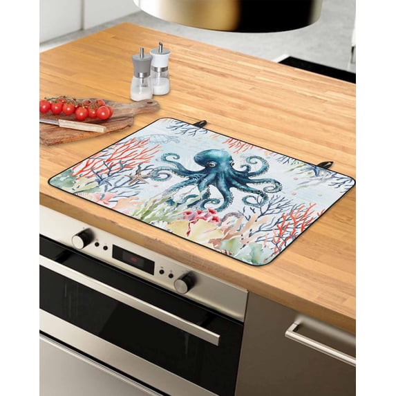 Large Induction Cooktop Protector Mat Coastal Nautical Octopus Stove Top Covers for Electric Stove, Oceans Corals Starfish Jellyfish Decorative Stove Burner Cover Mats, Glass Top Stove Cover