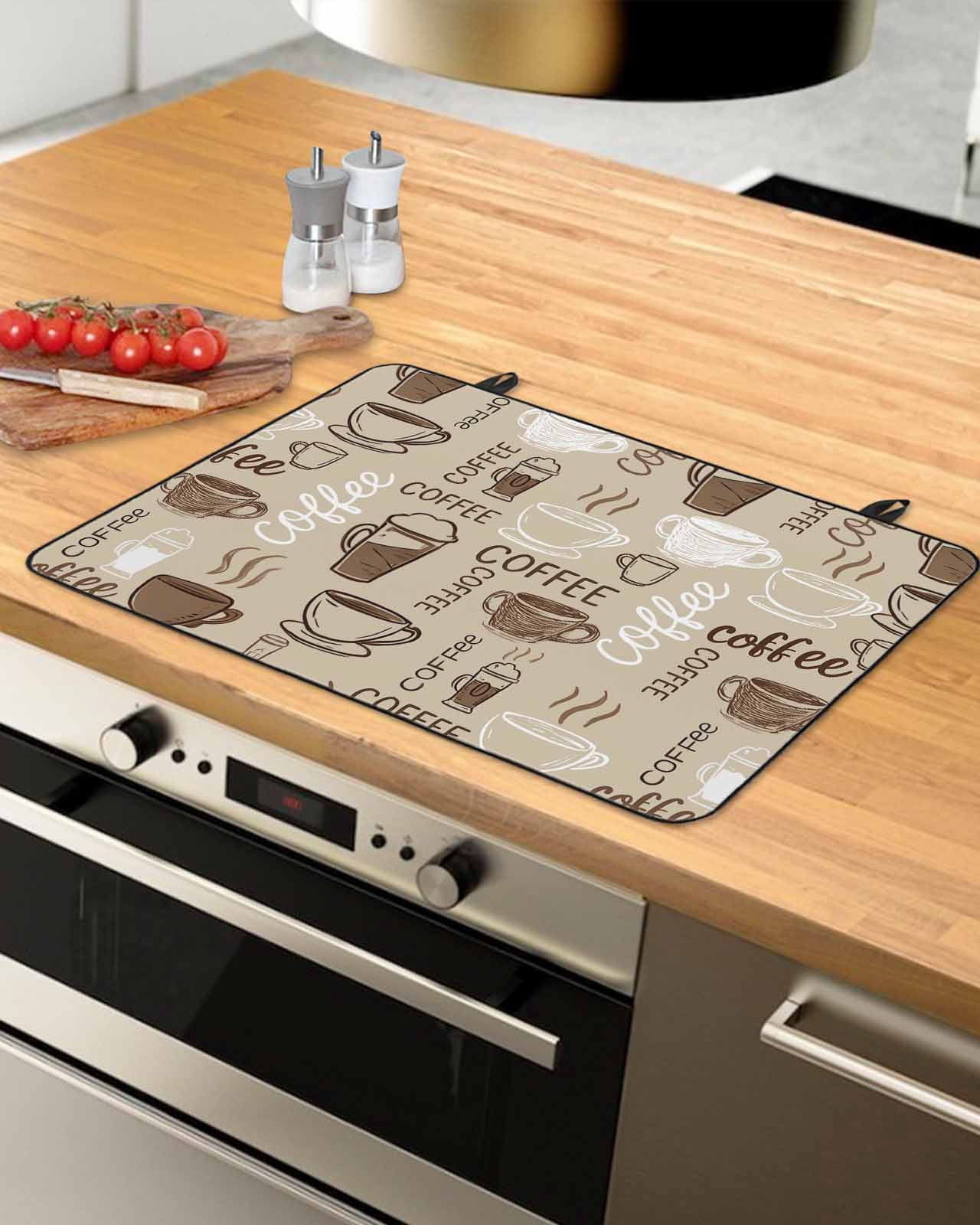 Large Induction Cooktop Protector Mat Coffee Stove Top Covers for Electric Stove, Beige Farmhouse Retro Beans Latte Tea Cup Funny Decorative Stove Burner Cover Mats, Glass Top Stove Cover