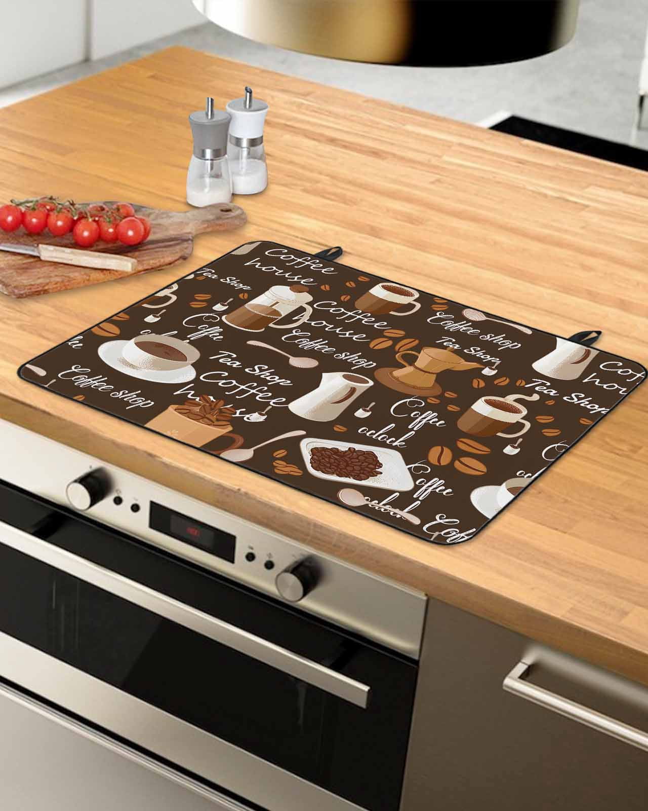 Large Induction Cooktop Protector Mat Coffee Stove Top Covers for Electric Stove, Brown Retro Coffee Theme Beans Latte Tea Cup Decorative Stove Burner Cover Mats, Glass Top Stove Cover