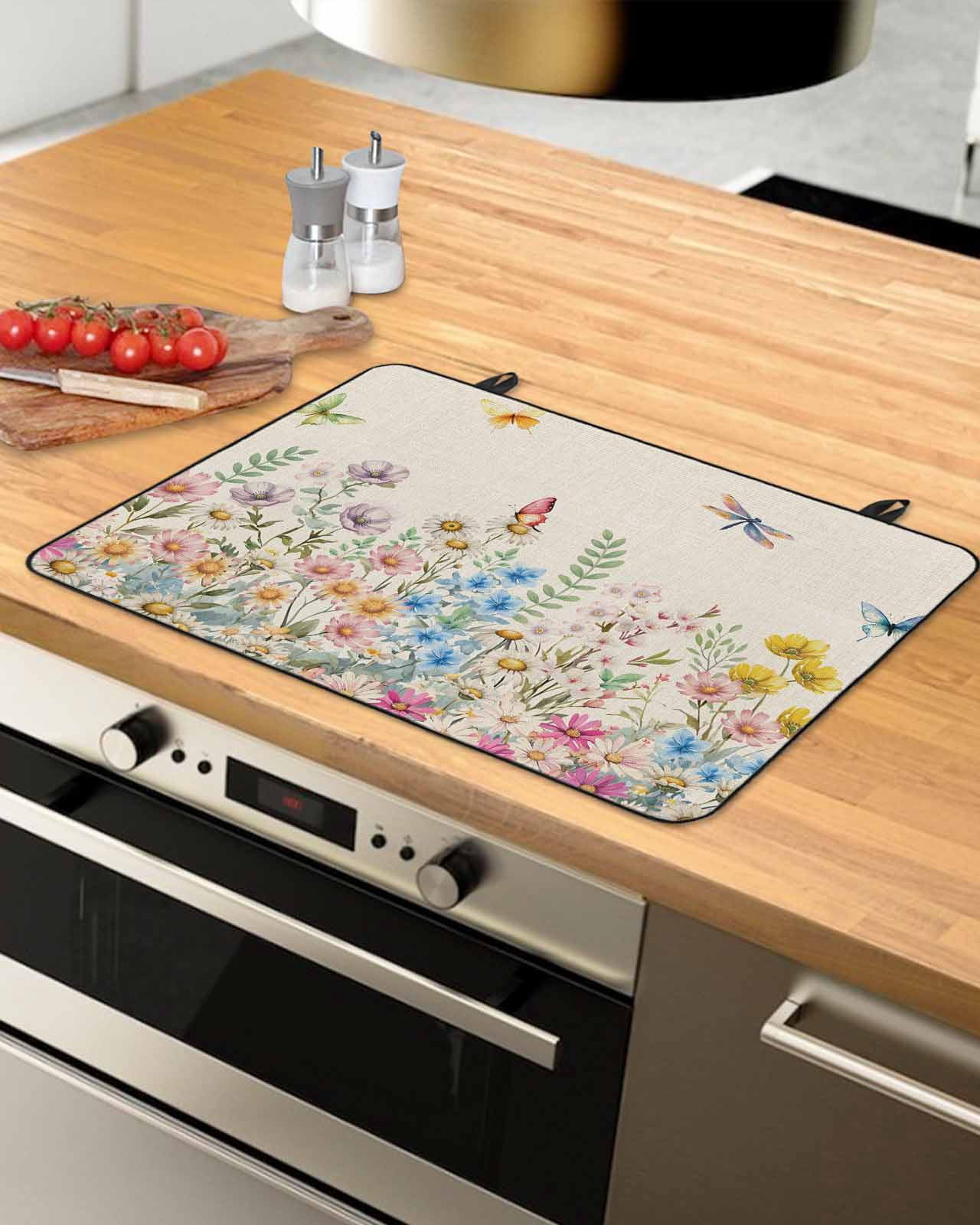 Large Induction Cooktop Protector Mat Colorful Floral Stove Top Covers for Electric Stove, Farmhouse Country Dragonfly Butterfly Flower Decorative Stove Burner Cover Mats, Glass Top Stove Cover