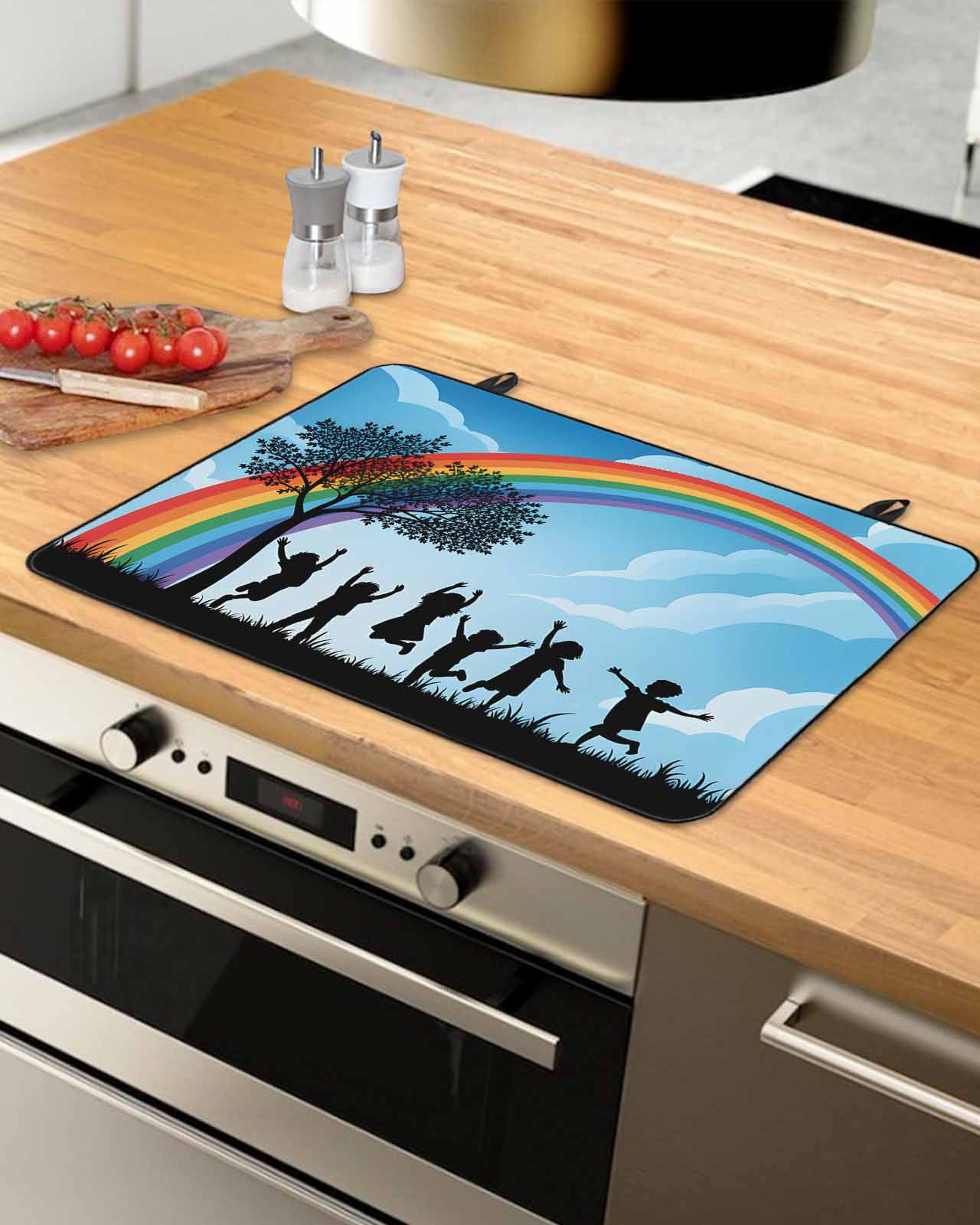 Large Induction Cooktop Protector Mat Colorful Stove Top Covers for Electric Stove, Blue Black Silhouettes Abstract Tree Decorative Stove Burner Cover Mats, Glass Top Stove Cover