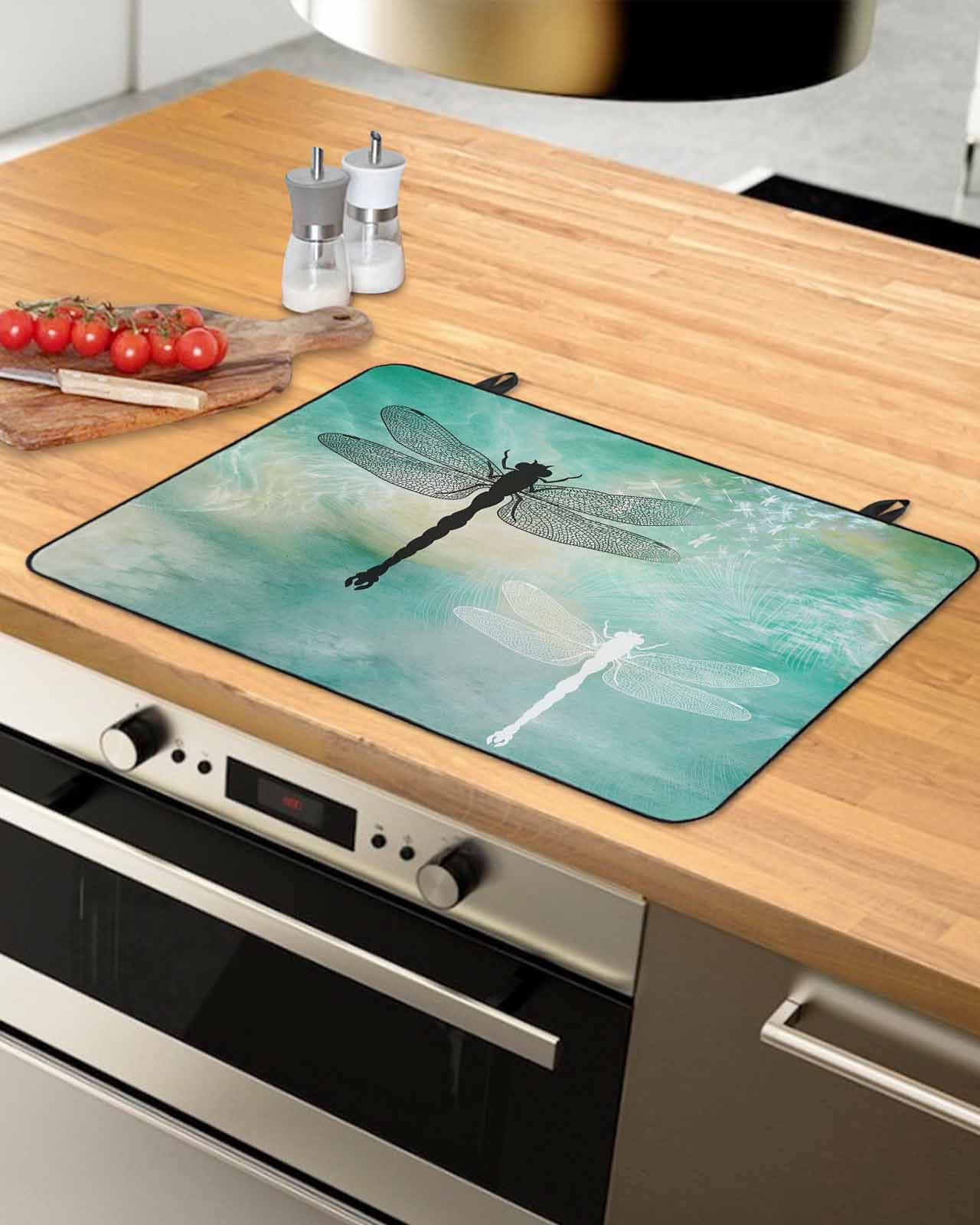 Large Induction Cooktop Protector Mat Dragonfly Stove Top Covers for Electric Stove, Modern Abstract Gradient Teal Green Decorative Stove Burner Cover Mats, Glass Top Stove Cover