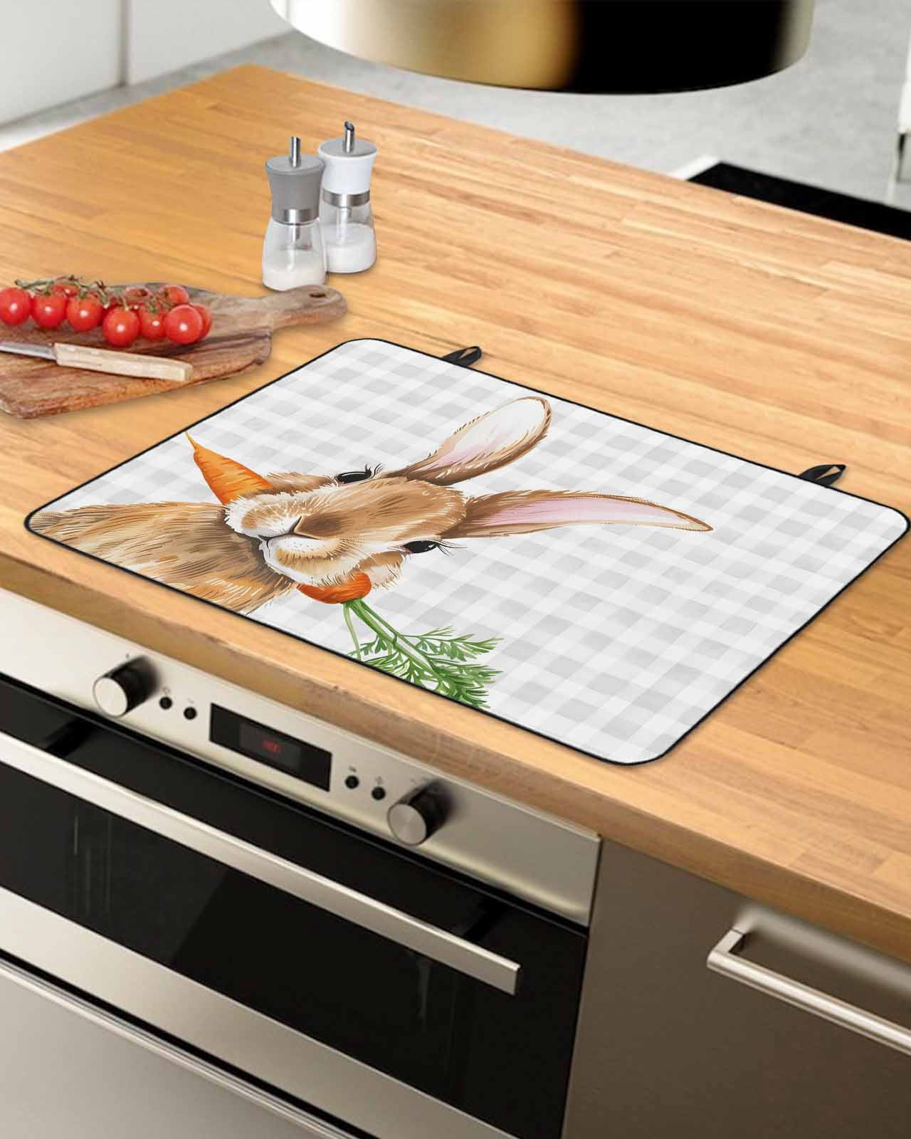 Large Induction Cooktop Protector Mat Easter Bunny Stove Top Covers for Electric Stove, Spring Rabbits Carrots Gray Buffalo Plaid Decorative Stove Burner Cover Mats, Glass Top Stove Cover