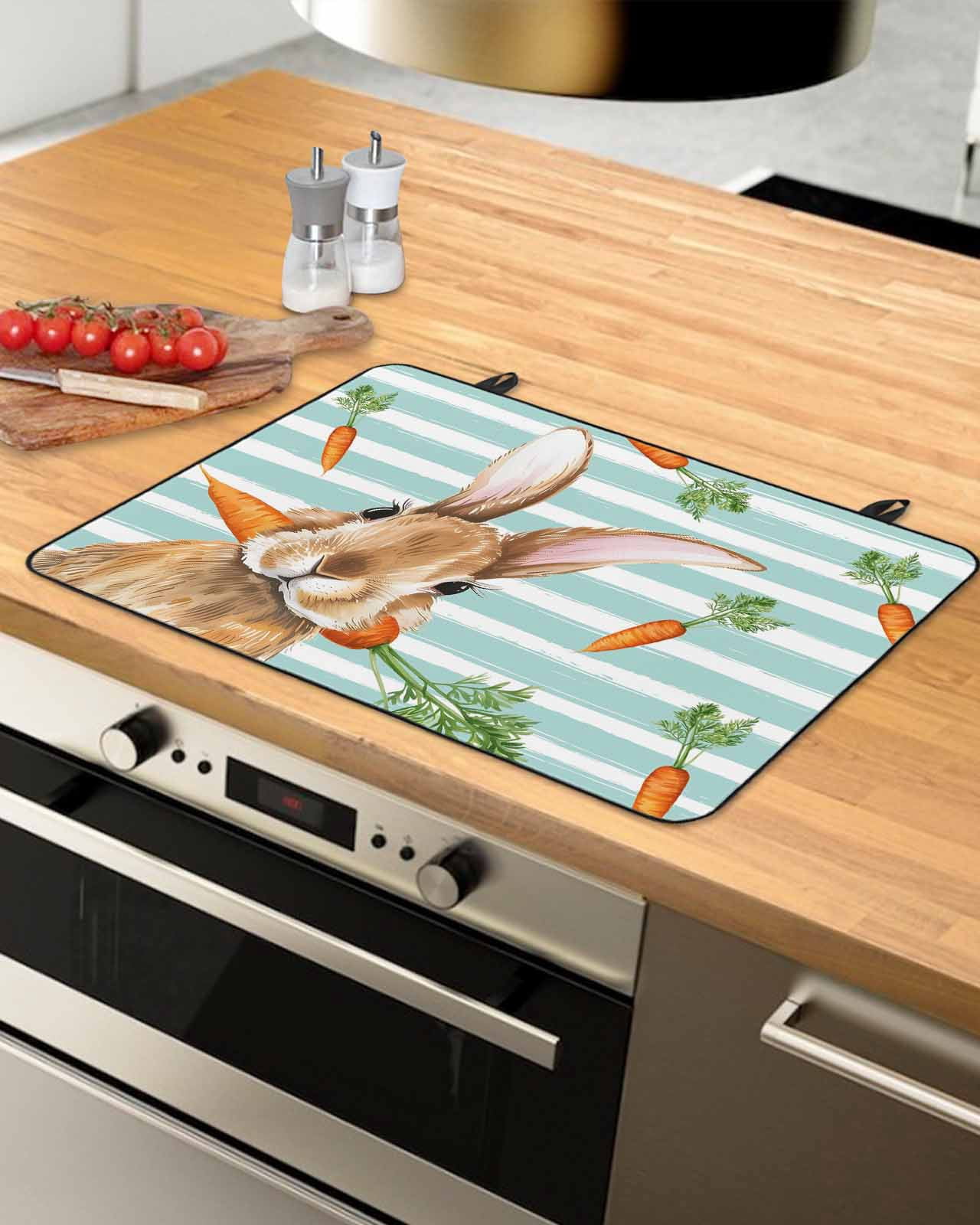 Large Induction Cooktop Protector Mat Easter Bunny Stove Top Covers for Electric Stove, Spring Rabbits Carrots Turquoise Stripes Decorative Stove Burner Cover Mats, Glass Top Stove Cover