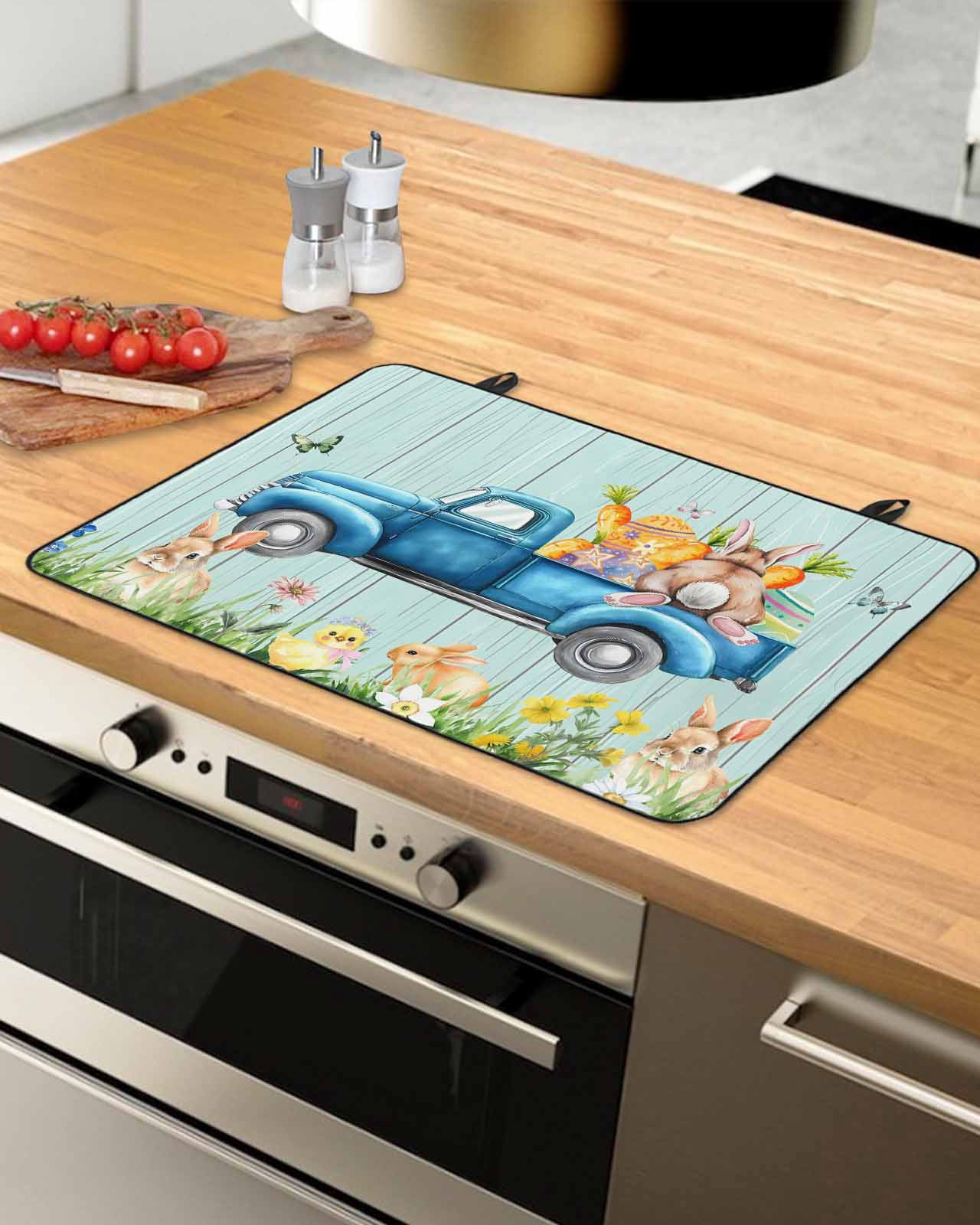 Large Induction Cooktop Protector Mat Easter Bunny Stove Top Covers for Electric Stove, Spring Watercolor Truck Wooden Grain Teal Decorative Stove Burner Cover Mats, Glass Top Stove Cover