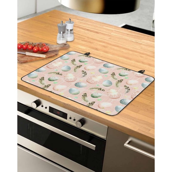 Large Induction Cooktop Protector Mat Easter Eggs Stove Top Covers for Electric Stove, Spring Ethnic Colorful Egg Feather Vintage Decorative Stove Burner Cover Mats, Glass Top Stove Cover