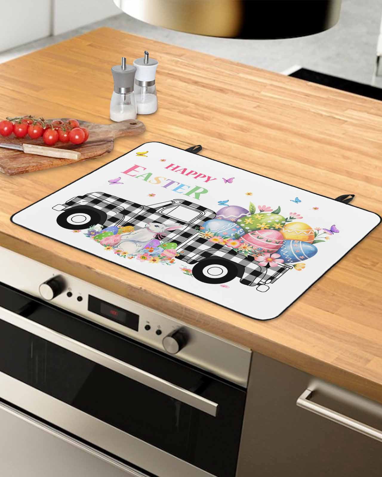Large Induction Cooktop Protector Mat Easter Stove Top Covers for Electric Stove, Black White Truck Colorful Eggs Bunny Decorative Stove Burner Cover Mats, Glass Top Stove Cover