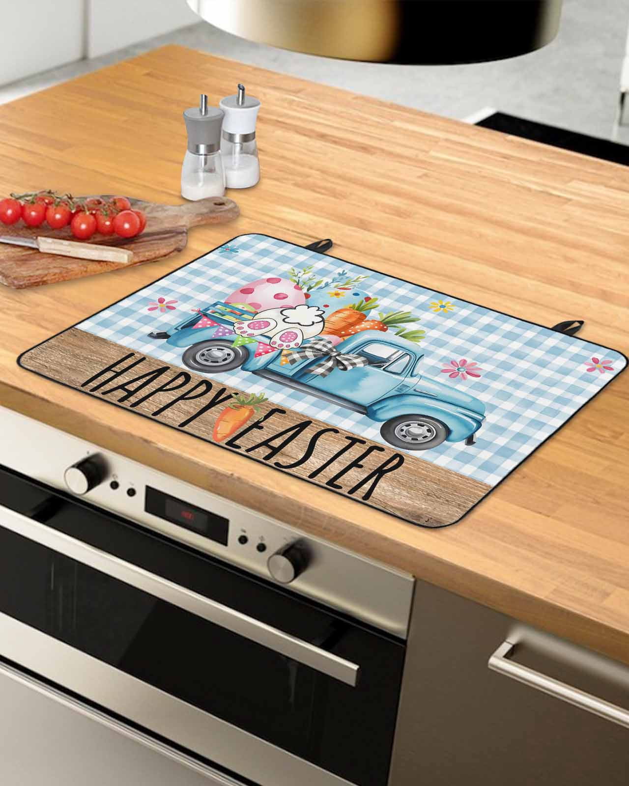Large Induction Cooktop Protector Mat Easter Stove Top Covers for Electric Stove, Blue Truck Eggs Bunny Checkered Farmhouse Decorative Stove Burner Cover Mats, Glass Top Stove Cover