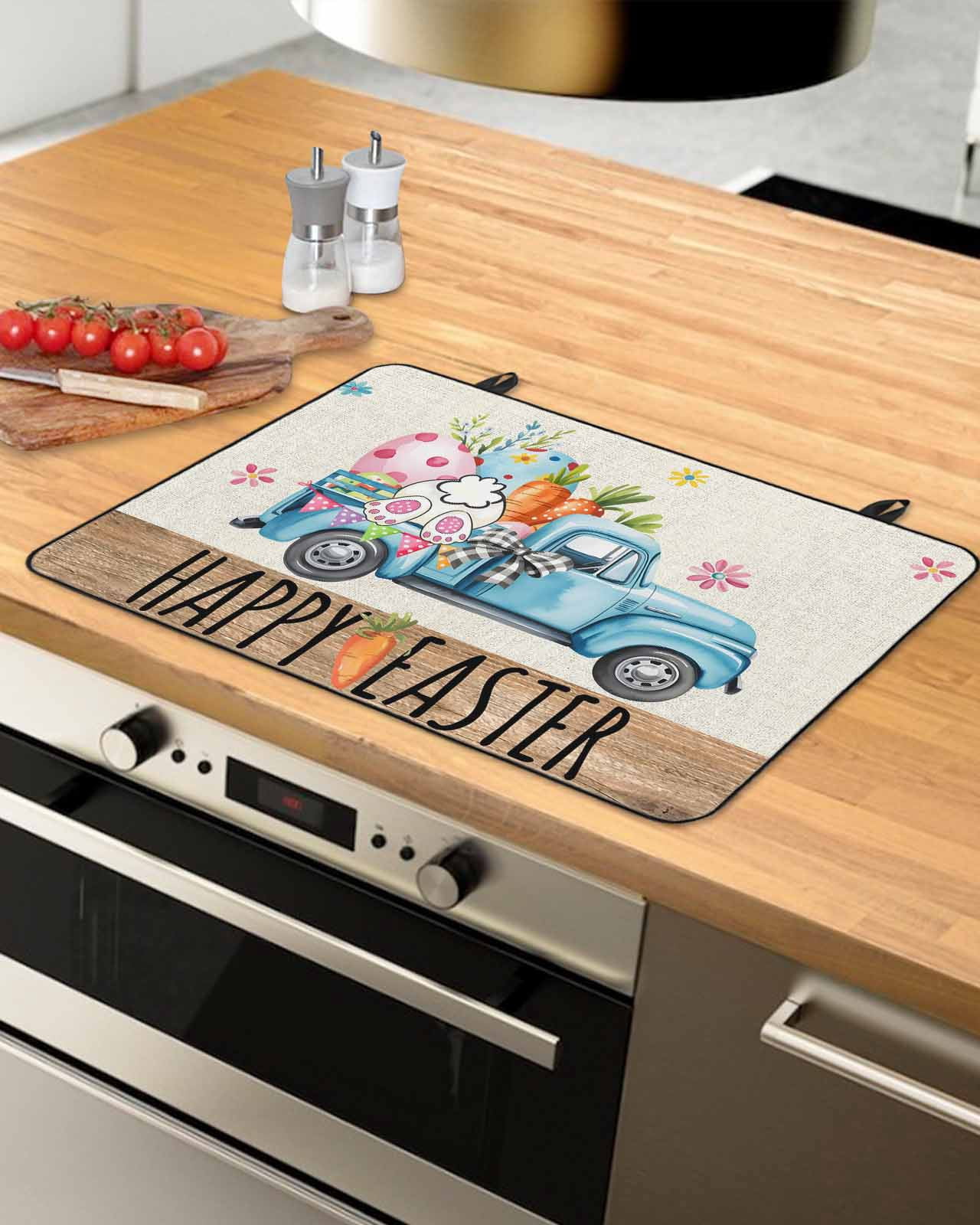 Large Induction Cooktop Protector Mat Easter Stove Top Covers for Electric Stove, Blue Truck Eggs Bunny Vintage Art Decorative Stove Burner Cover Mats, Glass Top Stove Cover