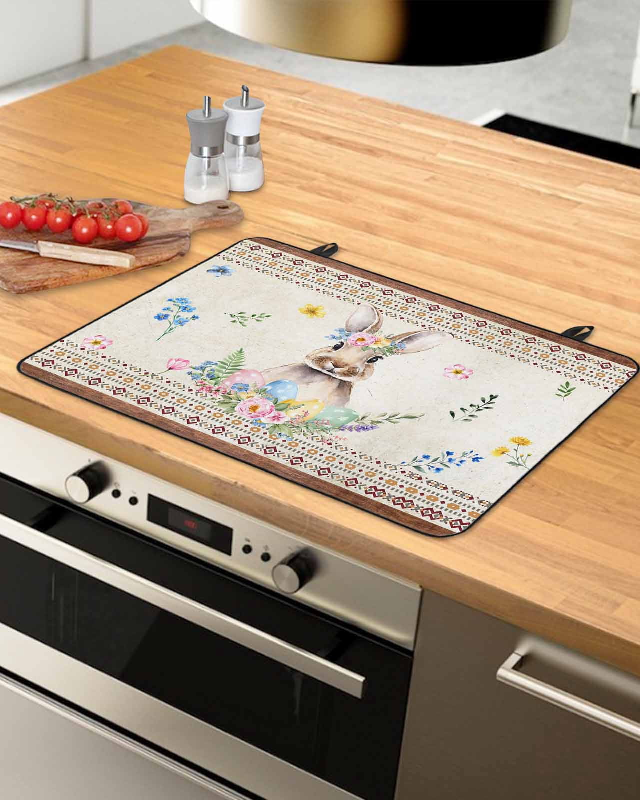 Large Induction Cooktop Protector Mat Easter Stove Top Covers for Electric Stove, Boho Ethnic Farmhouse Rabbit Colorful Eggs Patterned Decorative Stove Burner Cover Mats, Glass Top Stove Cover