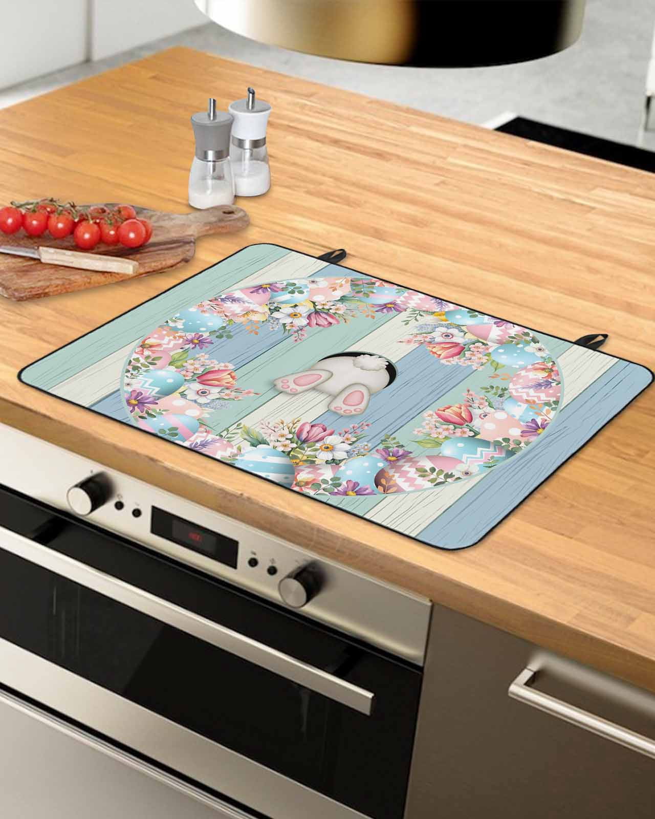 Large Induction Cooktop Protector Mat Easter Stove Top Covers for Electric Stove, Bunny Spring Floral Eggs Blue Green Wooden Decorative Stove Burner Cover Mats, Glass Top Stove Cover