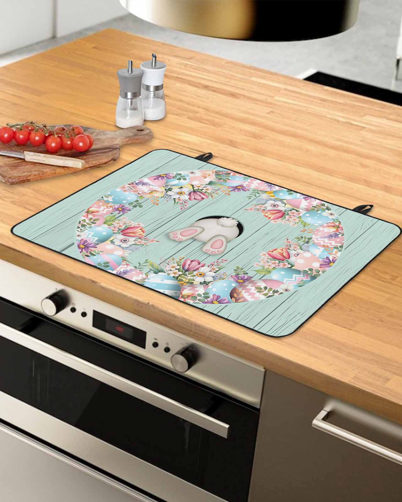 Large Induction Cooktop Protector Mat Easter Stove Top Covers for Electric Stove, Bunny Spring Floral Eggs Sage Green Wooden Decorative Stove Burner Cover Mats, Glass Top Stove Cover