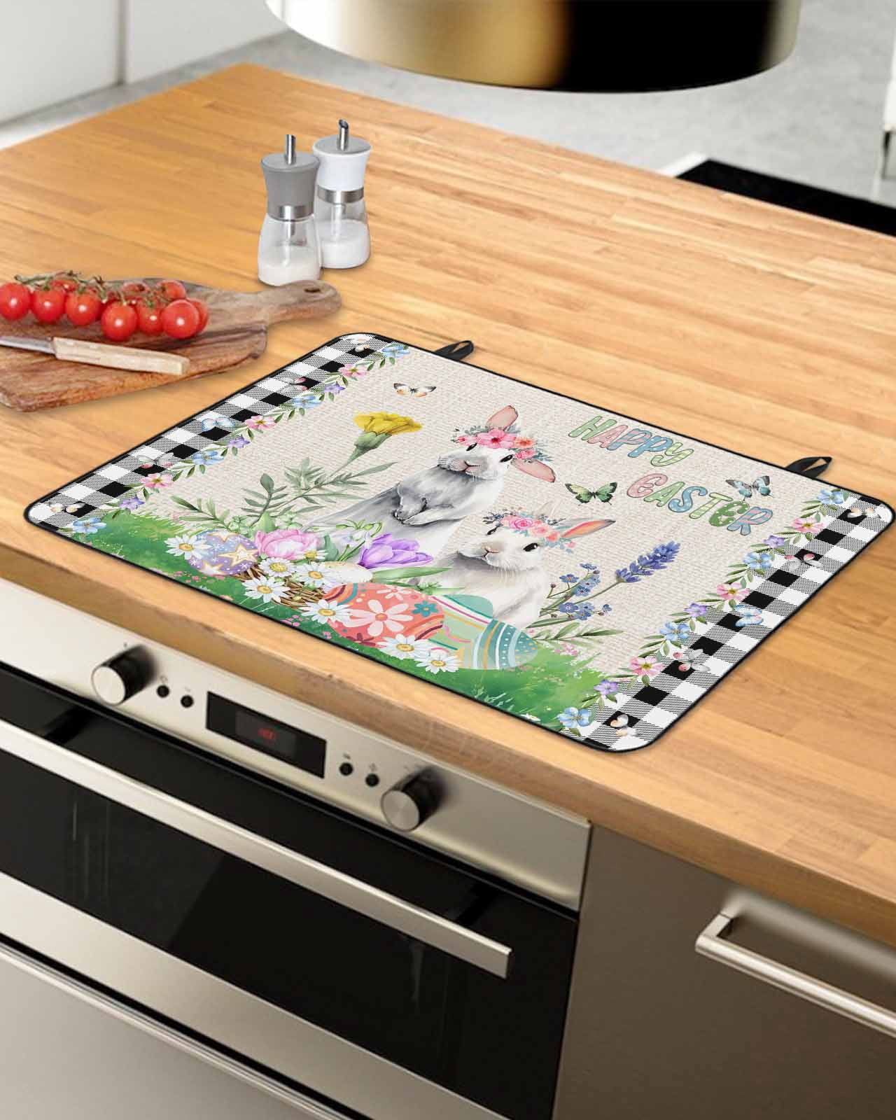 Large Induction Cooktop Protector Mat Easter Stove Top Covers for Electric Stove, Country Rabbits Eggs Floral Leaves Butterfly Plaid Decorative Stove Burner Cover Mats, Glass Top Stove Cover