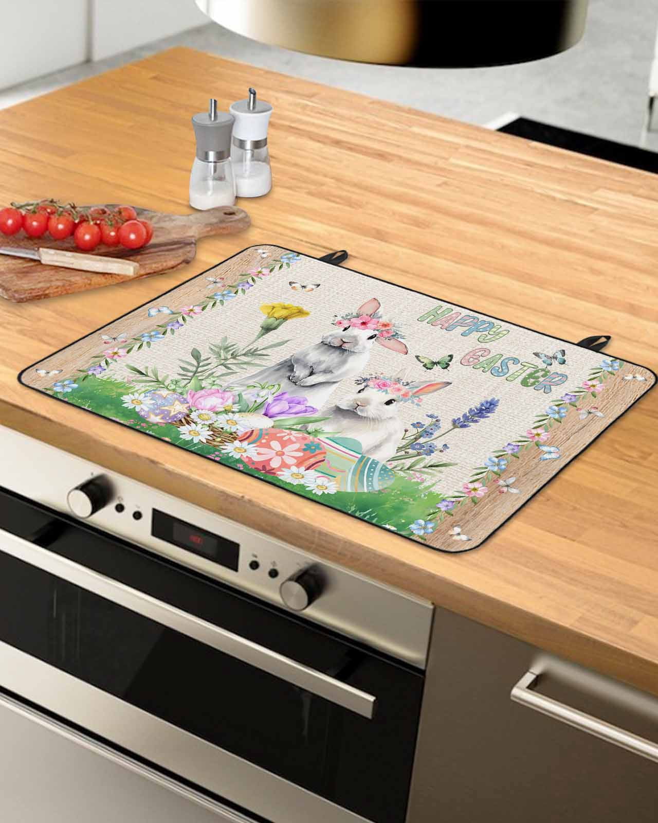 Large Induction Cooktop Protector Mat Easter Stove Top Covers for Electric Stove, Farmhouse Bunny Colorful Eggs Flowers Plants Decorative Stove Burner Cover Mats, Glass Top Stove Cover