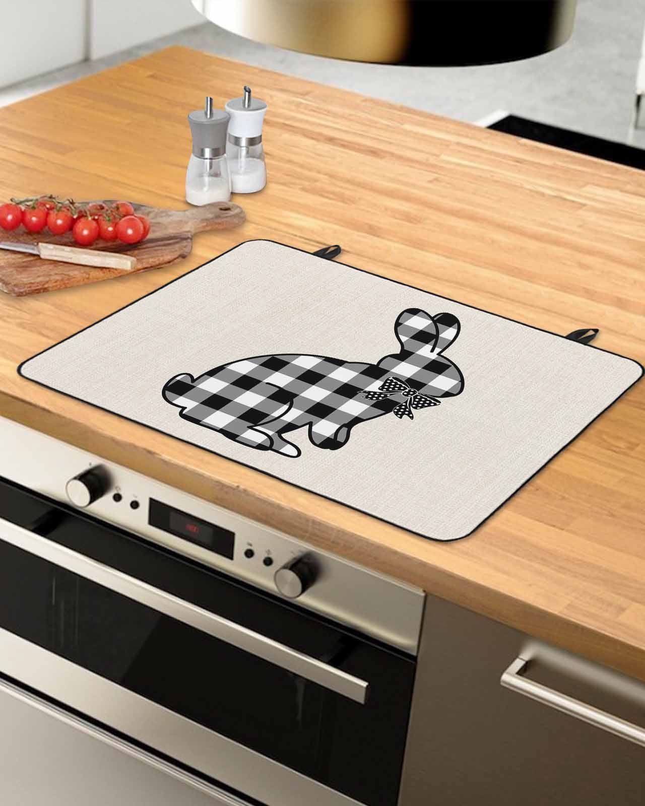 Large Induction Cooktop Protector Mat Easter Stove Top Covers for Electric Stove, Farmhouse Retro Black White Lattice Bunny Rabbit Decorative Stove Burner Cover Mats, Glass Top Stove Cover