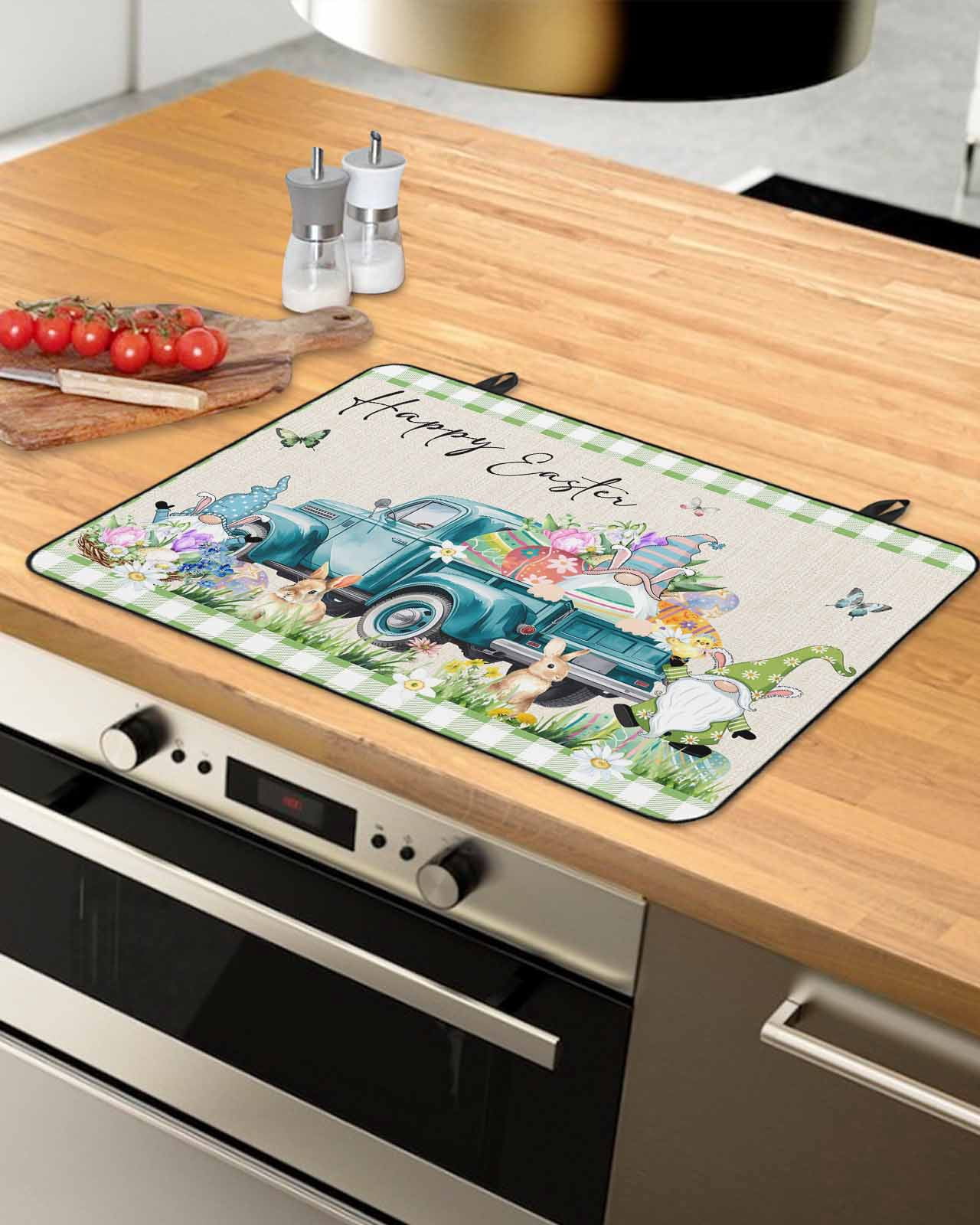 Large Induction Cooktop Protector Mat Easter Stove Top Covers for Electric Stove, Green Plaid Blue Truck Eggs Bunny Rustic Decorative Stove Burner Cover Mats, Glass Top Stove Cover