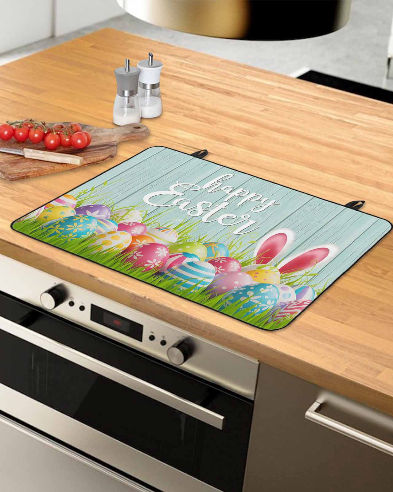 Large Induction Cooktop Protector Mat Easter Stove Top Covers for Electric Stove, Spring Colorful Easter Eggs Bunny Wooden Teal Green Decorative Stove Burner Cover Mats, Glass Top Stove Cover