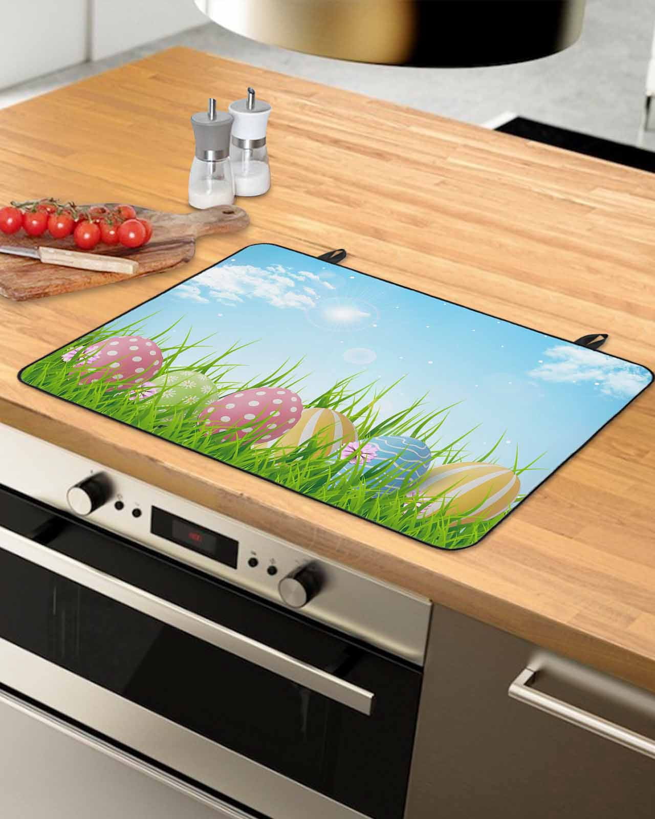 Large Induction Cooktop Protector Mat Easter Stove Top Covers for Electric Stove, Spring Country Colorful Eggs Grass Green Sky Blue Decorative Stove Burner Cover Mats, Glass Top Stove Cover