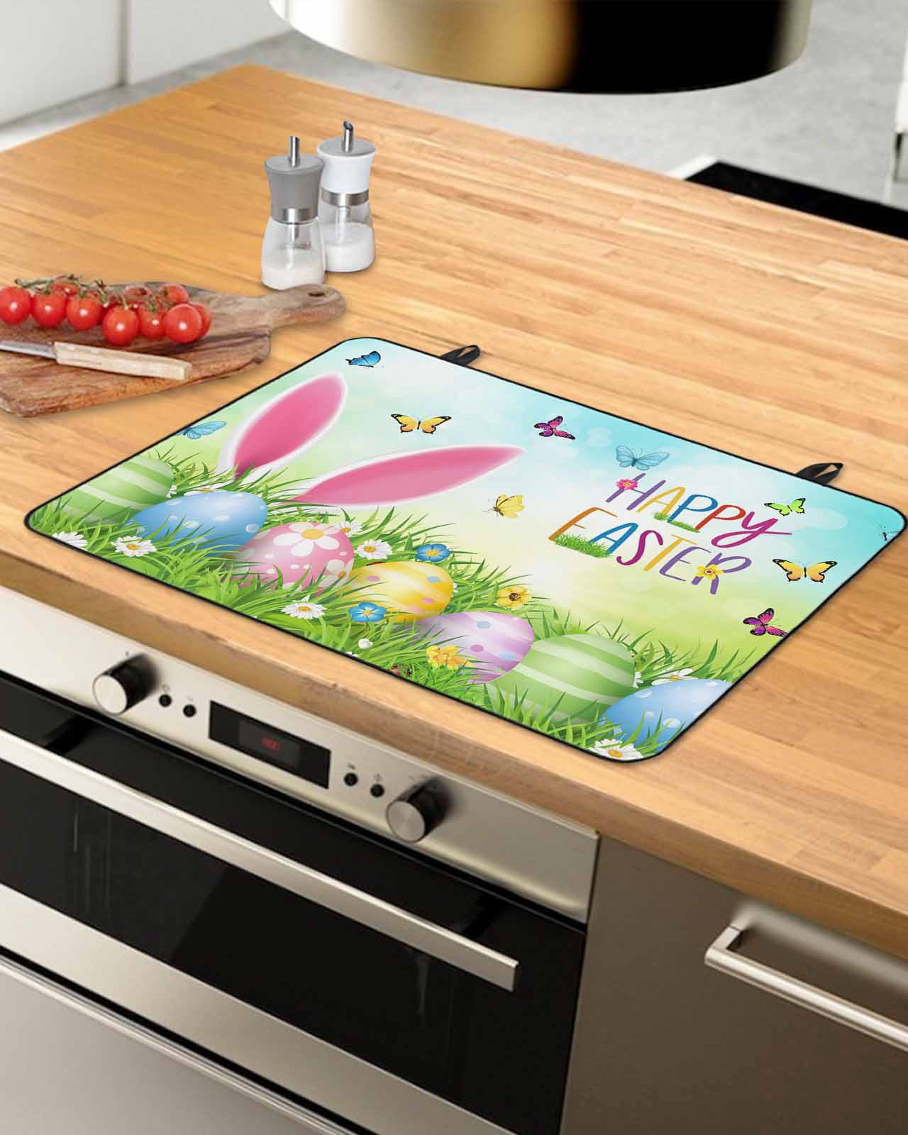 Large Induction Cooktop Protector Mat Easter Stove Top Covers for Electric Stove, Spring Easter Eggs Bunny Butterflies Green Decorative Stove Burner Cover Mats, Glass Top Stove Cover
