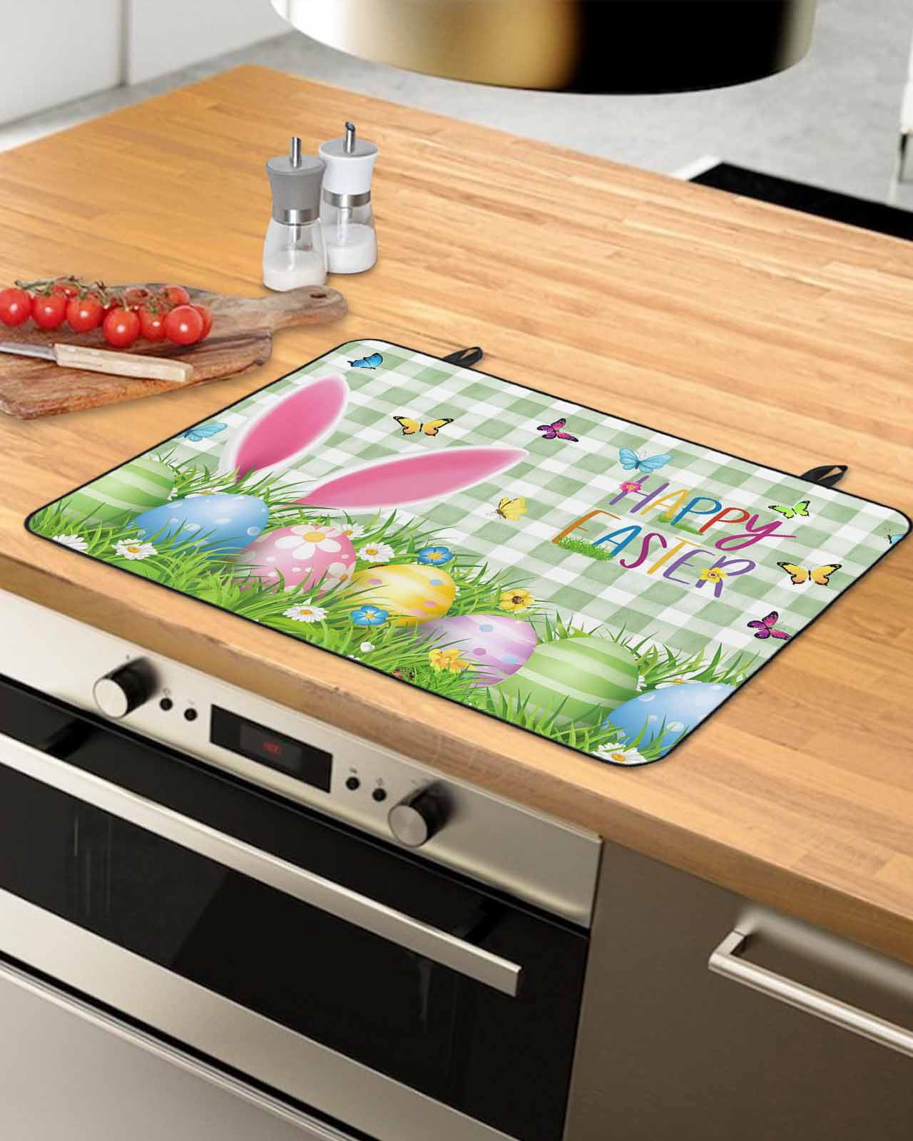 Large Induction Cooktop Protector Mat Easter Stove Top Covers for Electric Stove, Spring Easter Eggs Bunny Butterflies Green Plaid Decorative Stove Burner Cover Mats, Glass Top Stove Cover