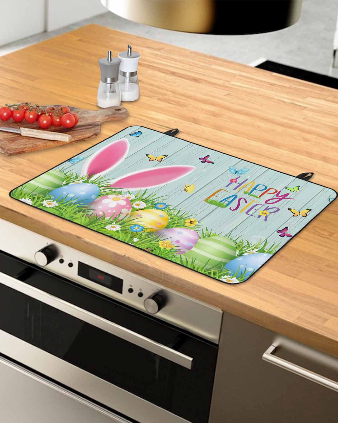 Large Induction Cooktop Protector Mat Easter Stove Top Covers for Electric Stove, Spring Easter Eggs Bunny Butterflies Wooden Grain Decorative Stove Burner Cover Mats, Glass Top Stove Cover