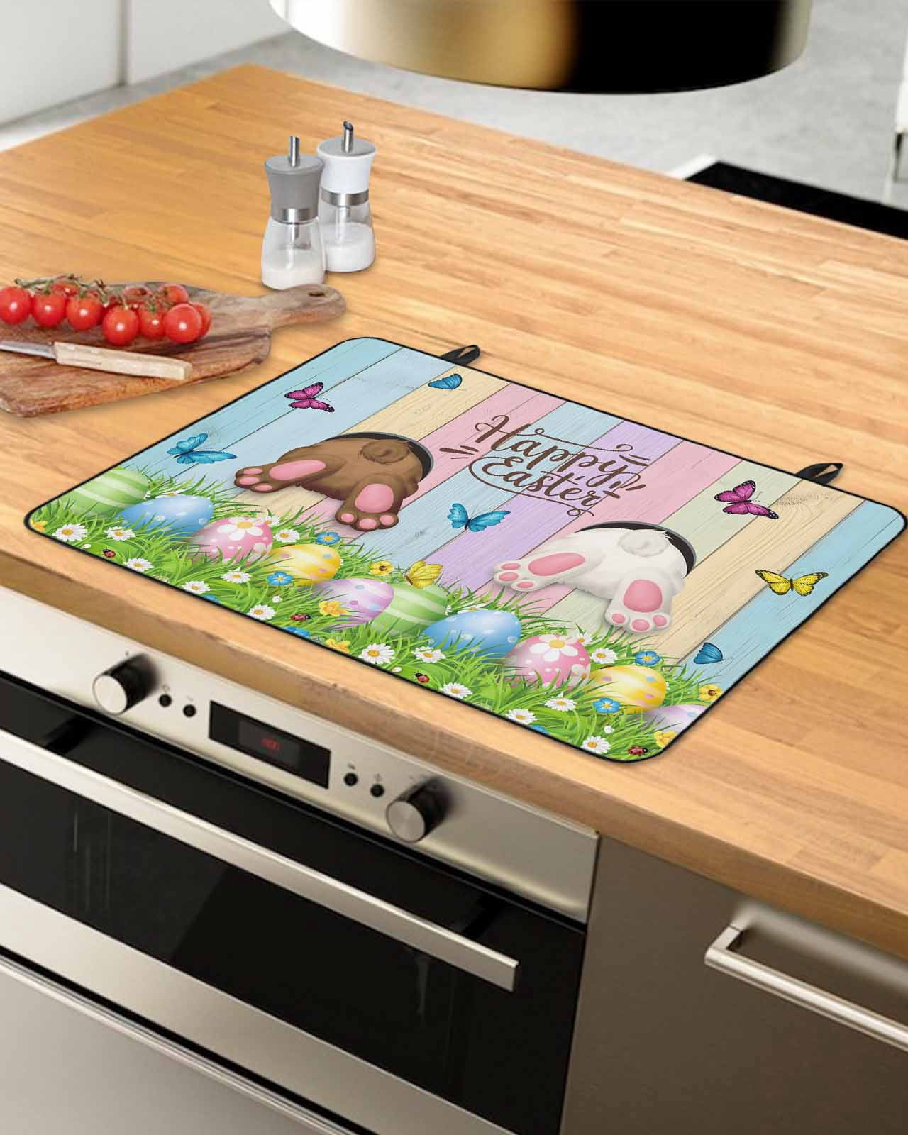Large Induction Cooktop Protector Mat Easter Stove Top Covers for Electric Stove, Spring Easter Eggs Bunny Colorful Wooden Grain Decorative Stove Burner Cover Mats, Glass Top Stove Cover