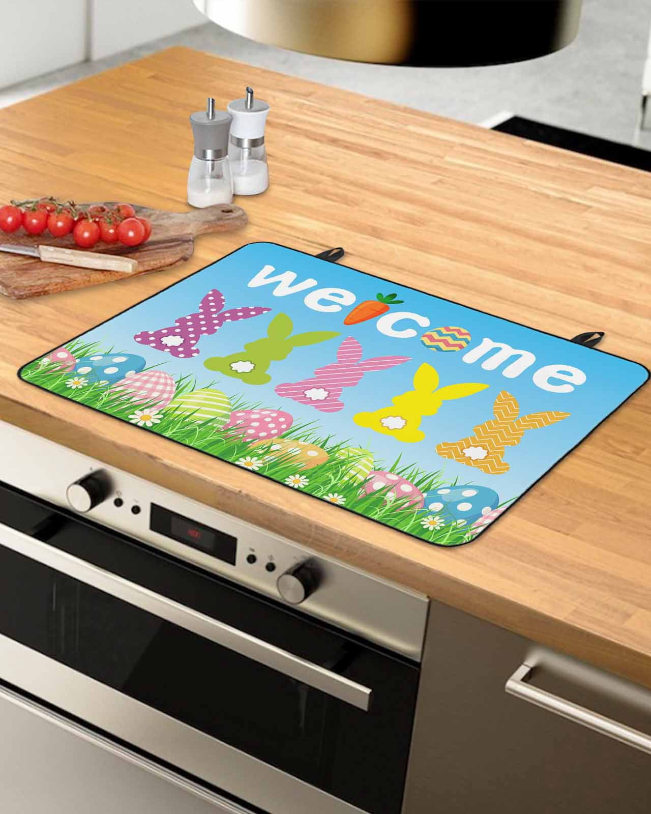 Large Induction Cooktop Protector Mat Easter Stove Top Covers for Electric Stove, Spring Flora Colorful Eggs Botanical Pastoral Decorative Stove Burner Cover Mats, Glass Top Stove Cover