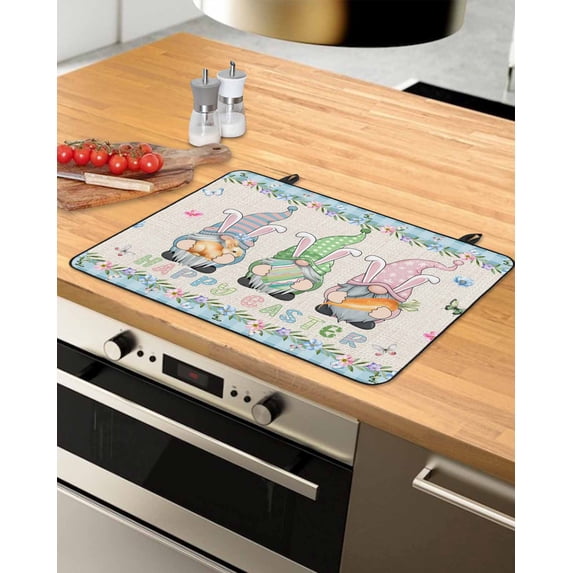 Large Induction Cooktop Protector Mat Easter Stove Top Covers for Electric Stove, Spring Gnomes Flowers Rabbit Eggs Blue Check Decorative Stove Burner Cover Mats, Glass Top Stove Cover