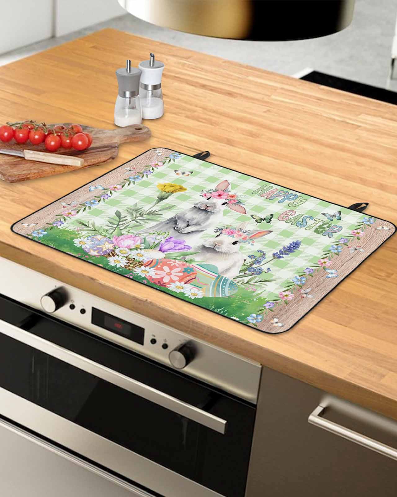 Large Induction Cooktop Protector Mat Easter Stove Top Covers for Electric Stove, Spring Rabbit Botanical Flowers Eggs Plaid Decorative Stove Burner Cover Mats, Glass Top Stove Cover