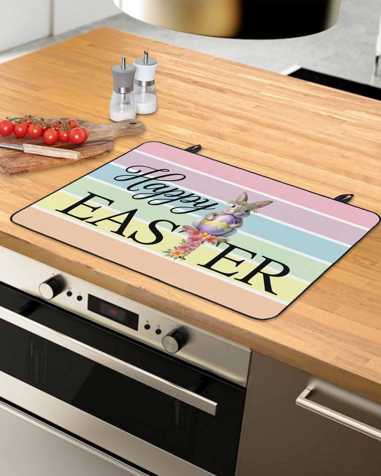 Large Induction Cooktop Protector Mat Easter Stove Top Covers for Electric Stove, Spring Rabbit Colorful Eggs Flowers Striped Decorative Stove Burner Cover Mats, Glass Top Stove Cover