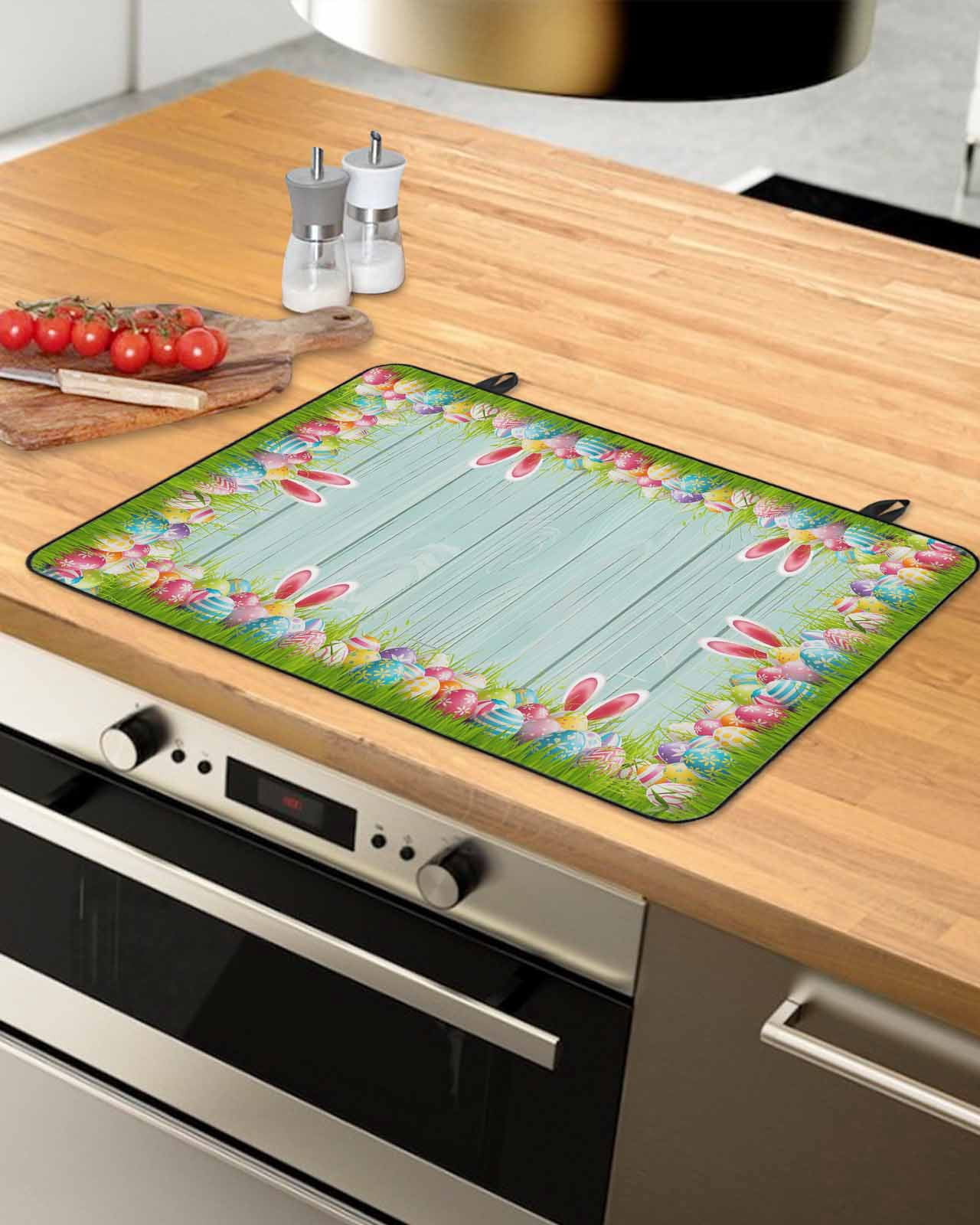 Large Induction Cooktop Protector Mat Easter Stove Top Covers for Electric Stove, Spring Rabbit Ears Colorful Eggs Wooden Grian Decorative Stove Burner Cover Mats, Glass Top Stove Cover