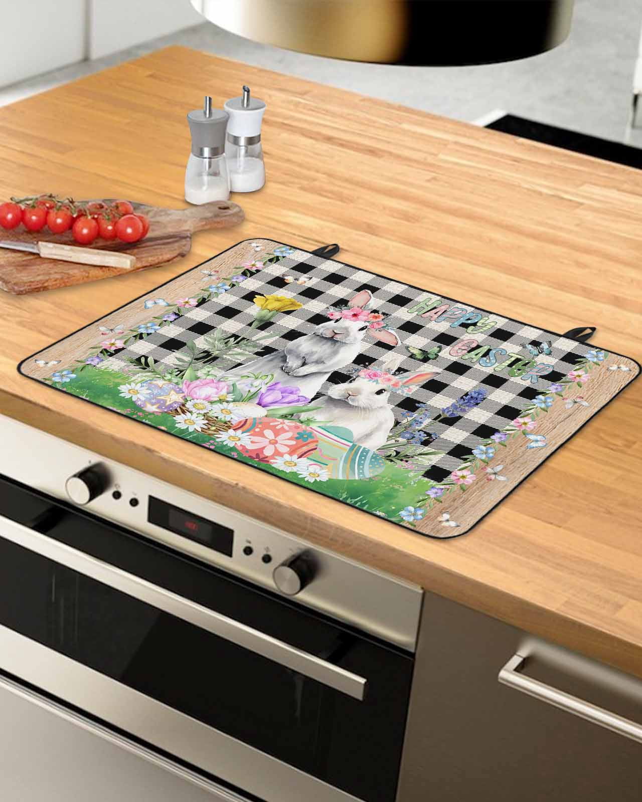 Large Induction Cooktop Protector Mat Easter Stove Top Covers for Electric Stove, Spring Rabbit Flowers Colorful Eggs Black Lattice Decorative Stove Burner Cover Mats, Glass Top Stove Cover
