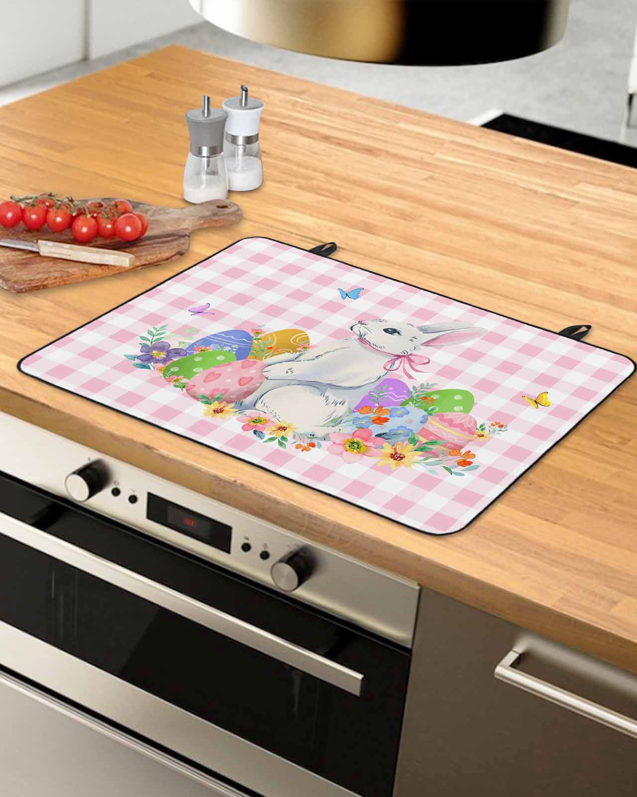 Large Induction Cooktop Protector Mat Easter Stove Top Covers for Electric Stove, Spring Watercolor Bunny Eggs Butterflies Pink Plaid Decorative Stove Burner Cover Mats, Glass Top Stove Cover