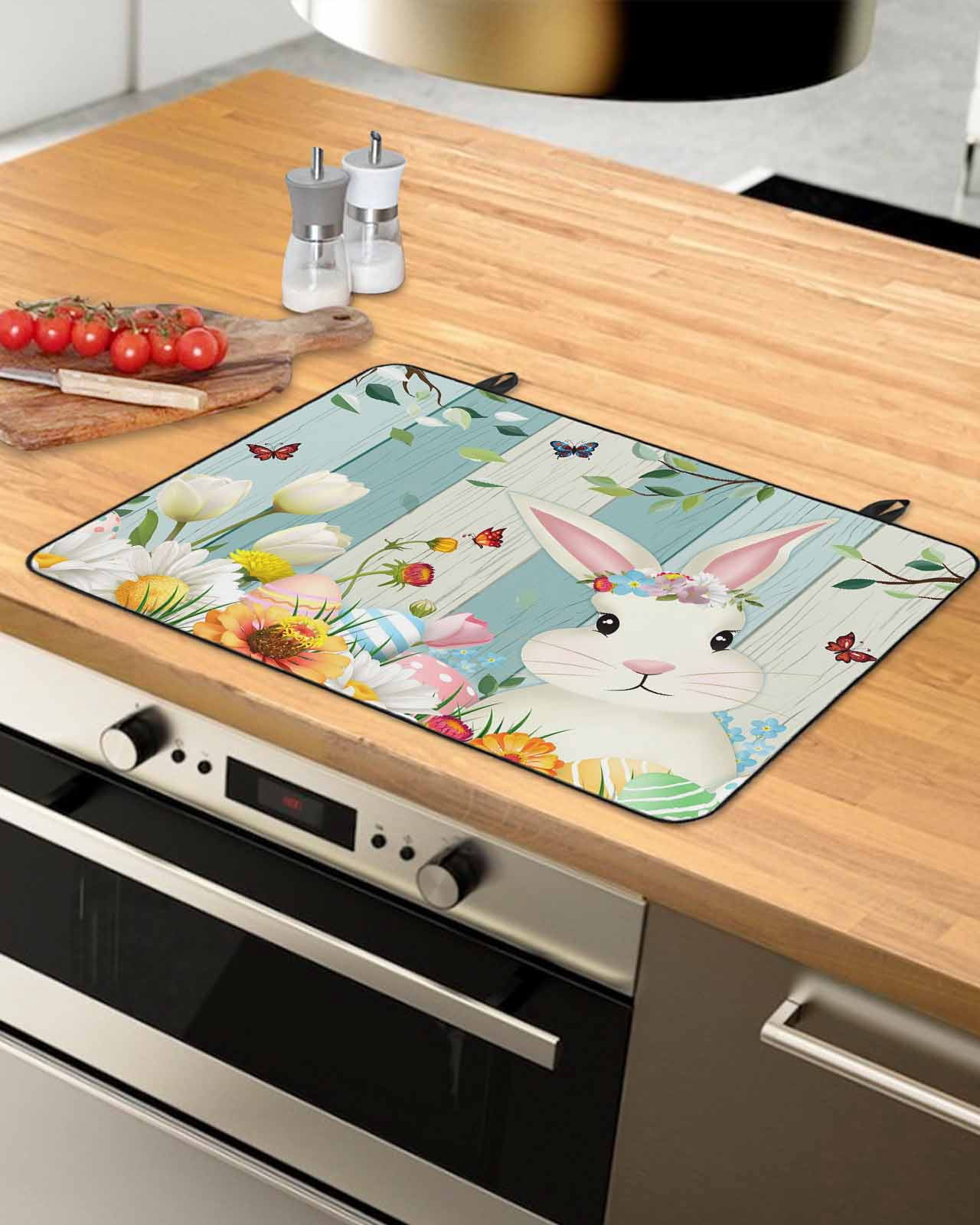 Large Induction Cooktop Protector Mat Easter Stove Top Covers for Electric Stove, Spring Watercolor Bunny Eggs Tulip Wooden Grain Decorative Stove Burner Cover Mats, Glass Top Stove Cover