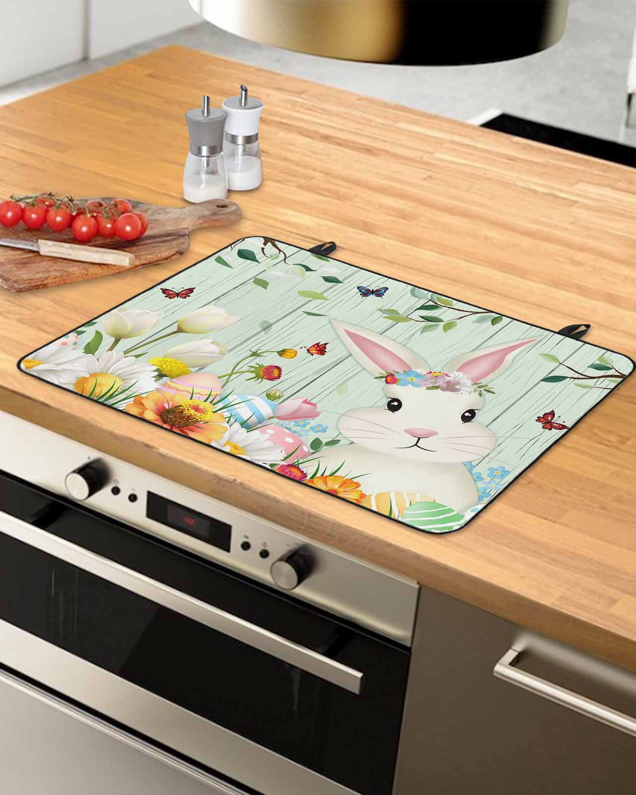Large Induction Cooktop Protector Mat Easter Stove Top Covers for Electric Stove, Spring Watercolor Bunny Eggs Tulip Wooden Grain Teal Decorative Stove Burner Cover Mats, Glass Top Stove Cover