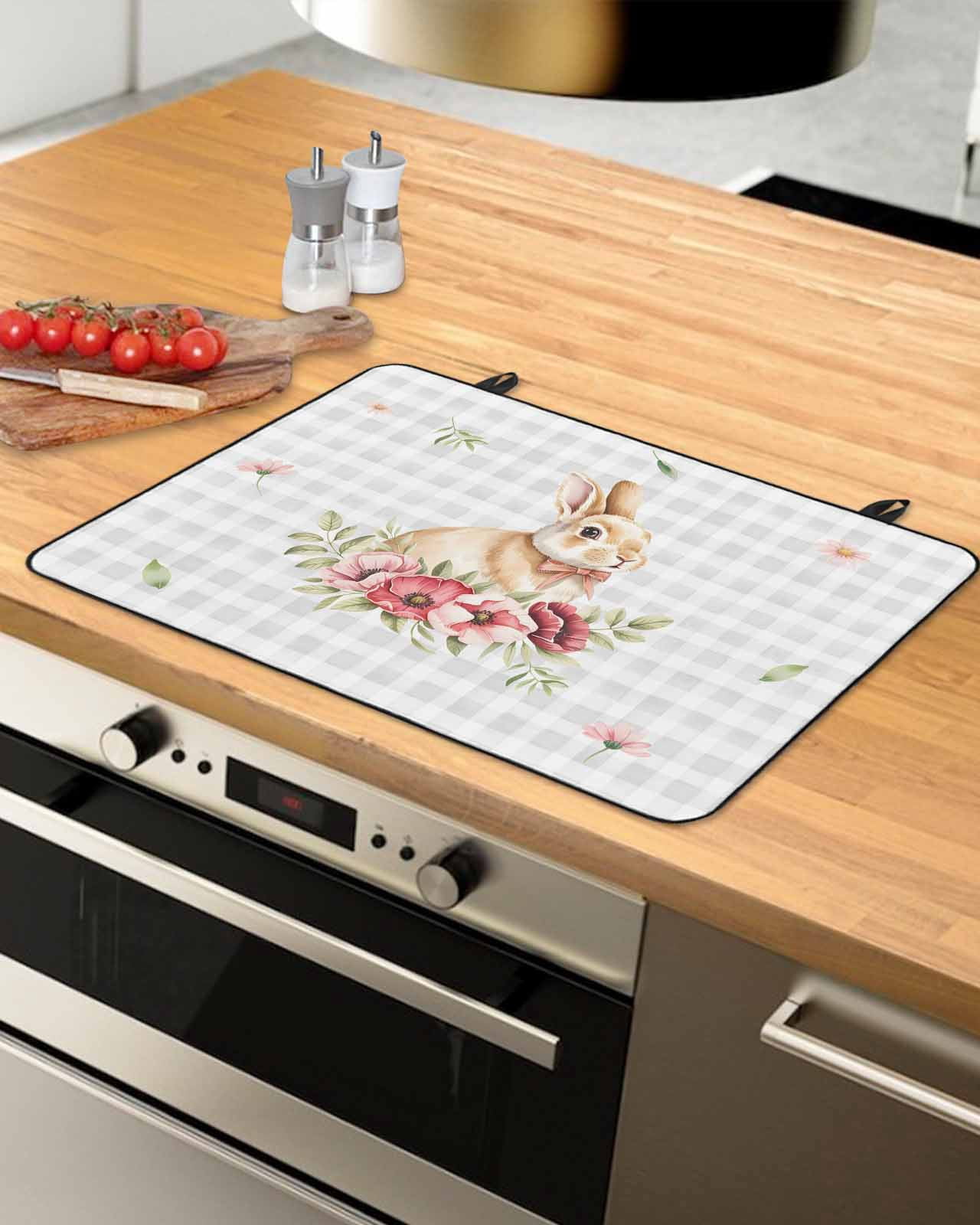 Large Induction Cooktop Protector Mat Easter Stove Top Covers for Electric Stove, Spring Watercolor Bunny Flower Leaf Grey Plaid Decorative Stove Burner Cover Mats, Glass Top Stove Cover