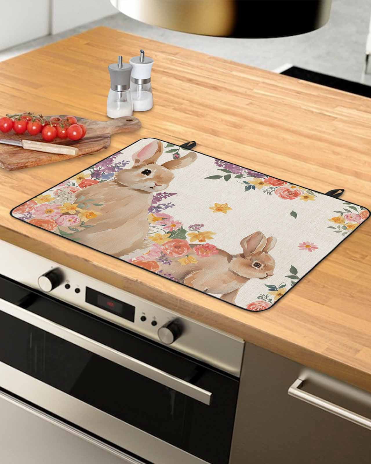 Large Induction Cooktop Protector Mat Easter Stove Top Covers for Electric Stove, Spring Watercolor Bunny Flower Leaf Plant Decorative Stove Burner Cover Mats, Glass Top Stove Cover