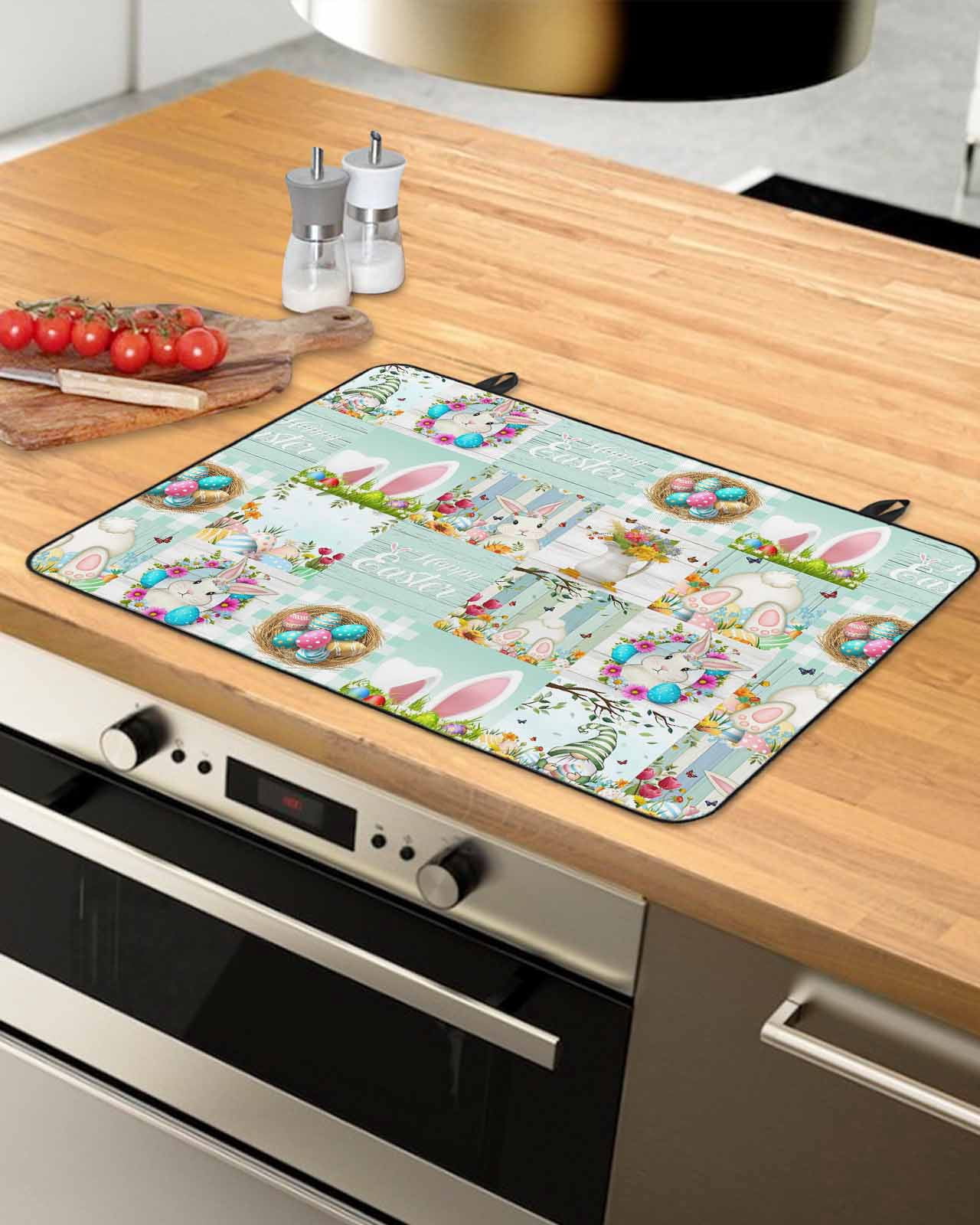 Large Induction Cooktop Protector Mat Easter Stove Top Covers for Electric Stove, Spring Watercolor Eggs Farmhouse Gnomes Wooden Grain Decorative Stove Burner Cover Mats, Glass Top Stove Cover