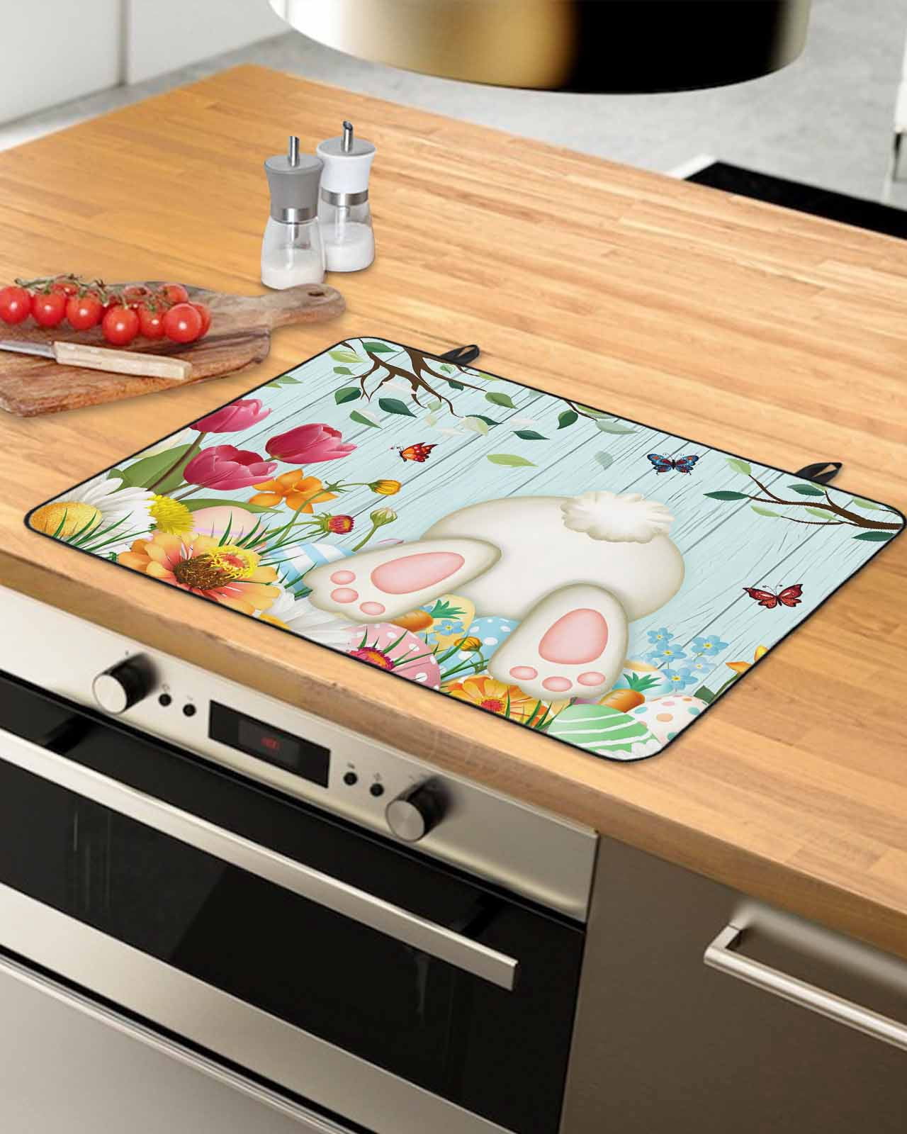 Large Induction Cooktop Protector Mat Easter Stove Top Covers for Electric Stove, Spring Watercolor Eggs Tulip Wooden Grain Teal Decorative Stove Burner Cover Mats, Glass Top Stove Cover