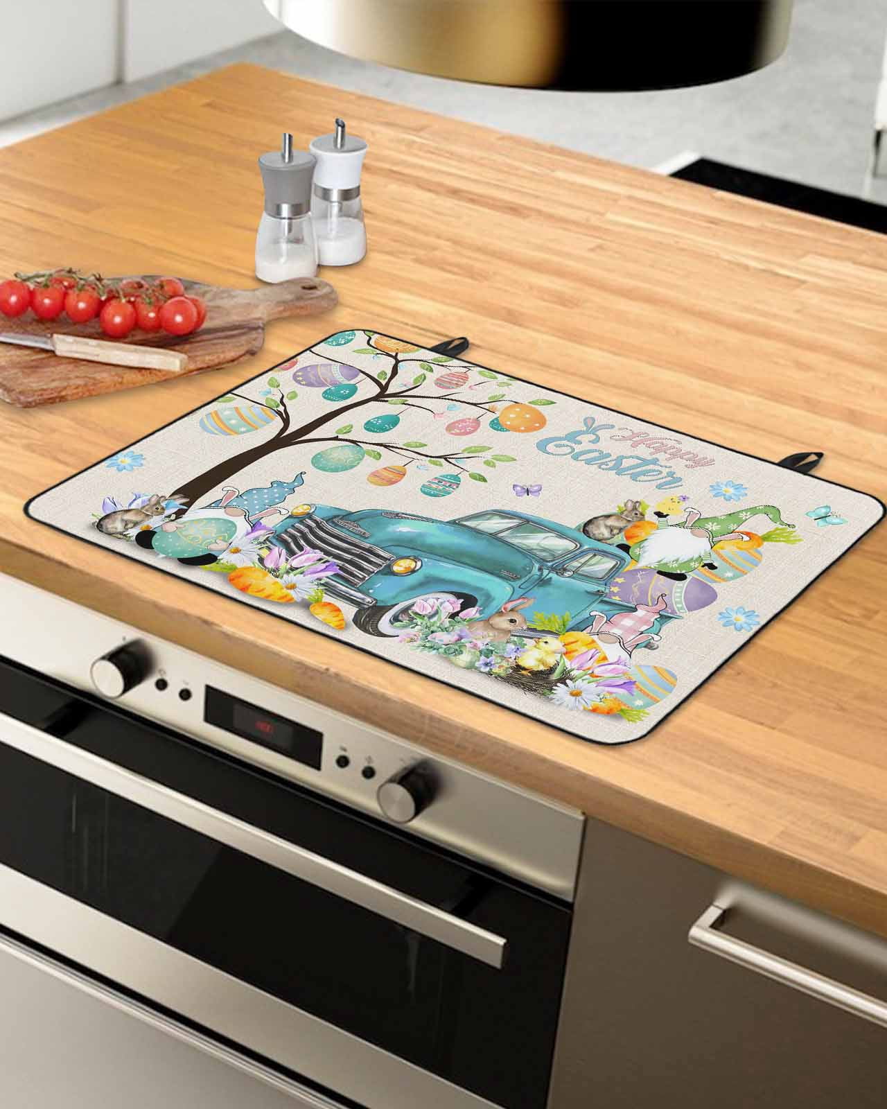 Large Induction Cooktop Protector Mat Easter Stove Top Covers for Electric Stove, Turquoise Truck Colorful Eggs Tree Gnomes Rabbit Decorative Stove Burner Cover Mats, Glass Top Stove Cover