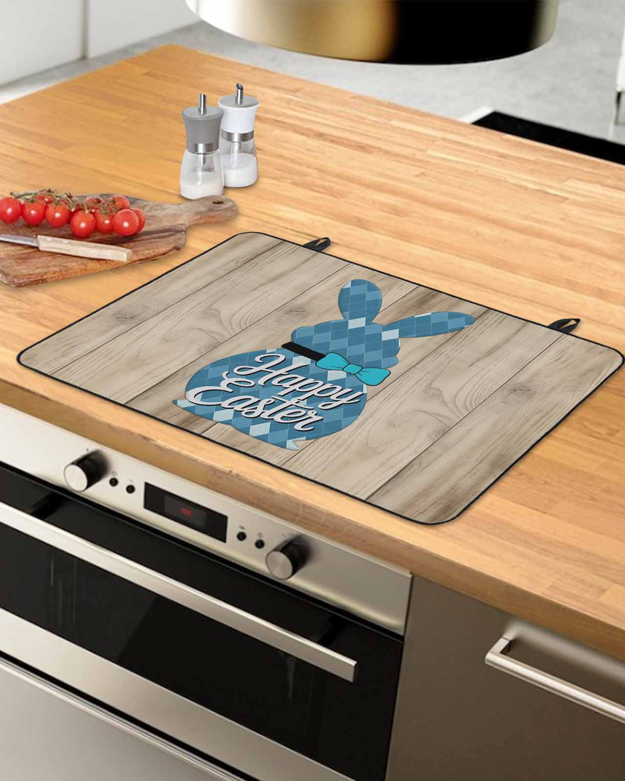 Large Induction Cooktop Protector Mat Easter Stove Top Covers for Electric Stove, Vintage Blue Cute Rabbit Brown Wooden Grain Decorative Stove Burner Cover Mats, Glass Top Stove Cover