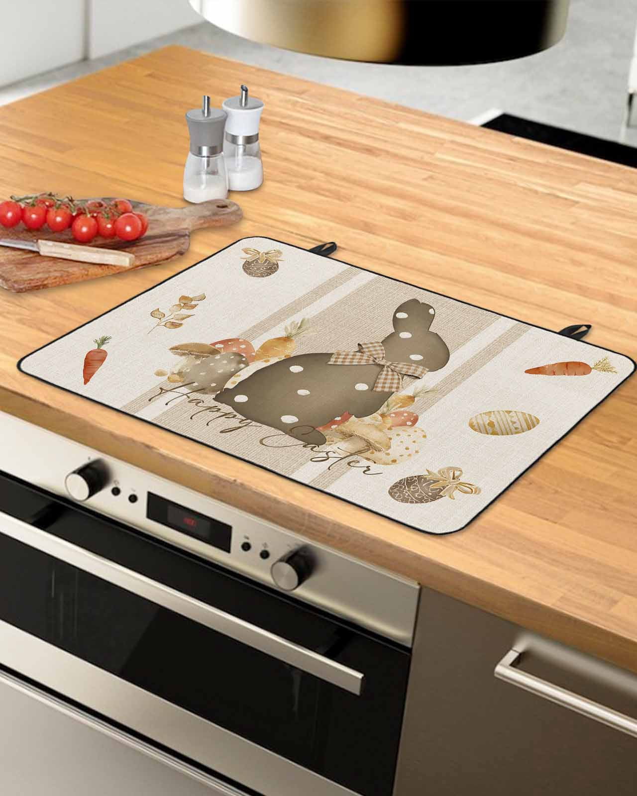 Large Induction Cooktop Protector Mat Easter Stove Top Covers for Electric Stove, Vintage Country Bunny Eggs Bow Beige Stripe Plant Decorative Stove Burner Cover Mats, Glass Top Stove Cover