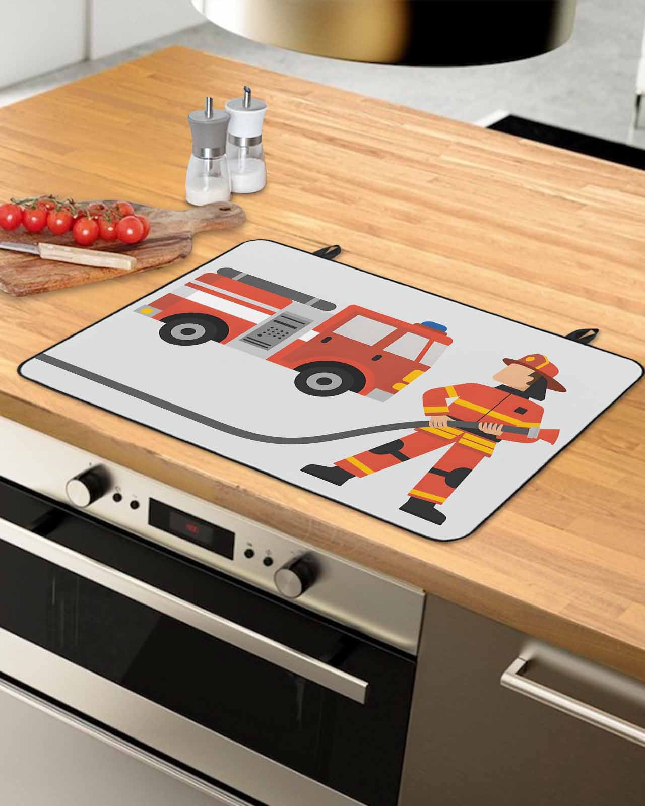 Large Induction Cooktop Protector Mat Firefighters Stove Top Covers for Electric Stove, Cartoon Red Uniform Fire Truck Grey Decorative Stove Burner Cover Mats, Glass Top Stove Cover