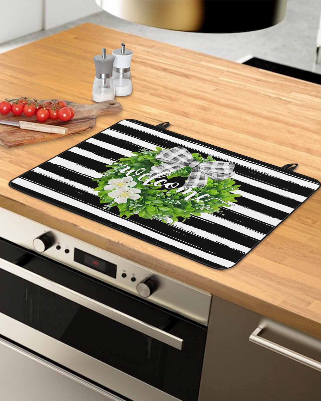 Large Induction Cooktop Protector Mat Flower Wreath Stove Top Covers for Electric Stove, Farmhouses Bow-Knot Black Stripes Decorative Stove Burner Cover Mats, Glass Top Stove Cover