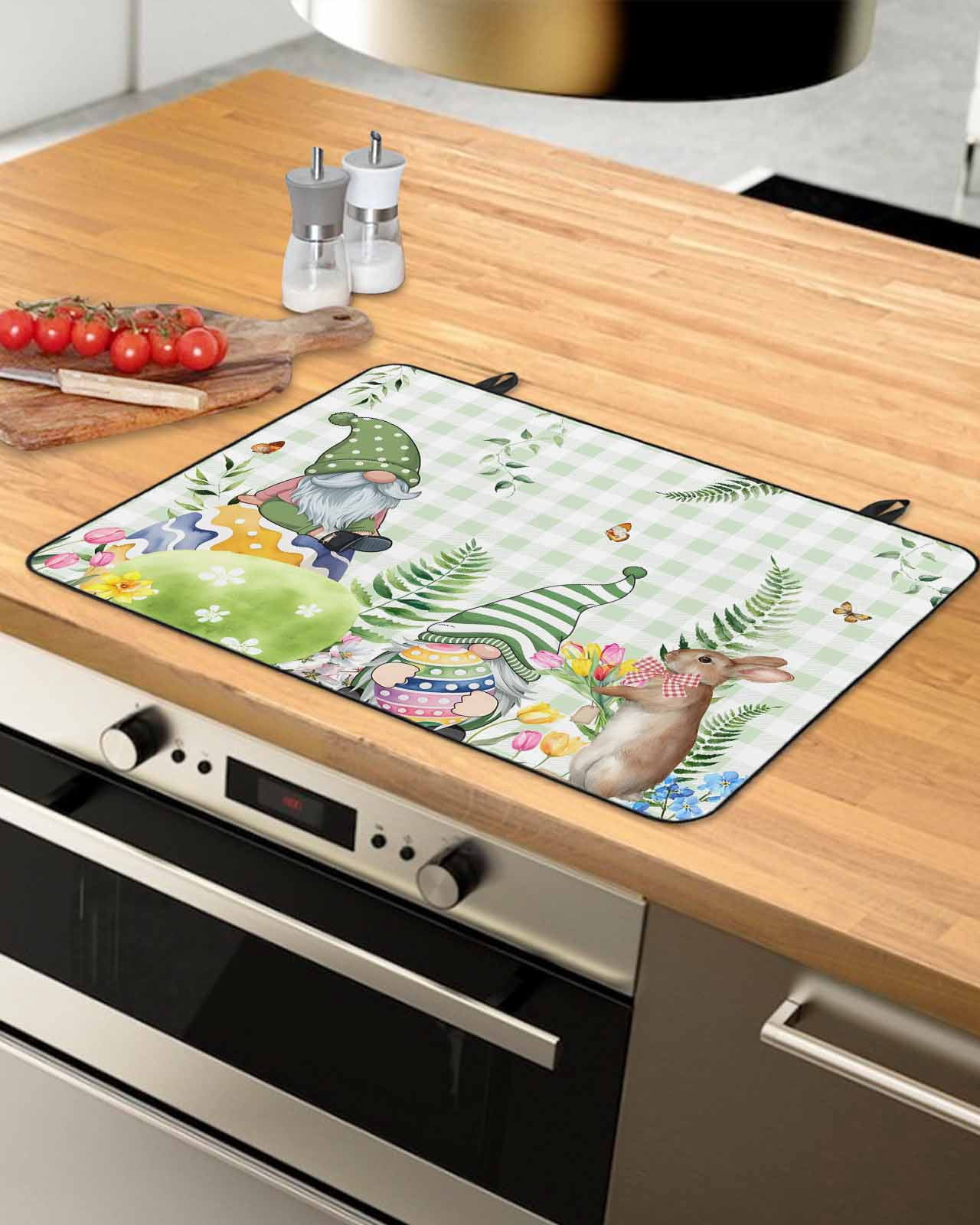 Large Induction Cooktop Protector Mat Green Easter Stove Top Covers for Electric Stove, Checkered Eggs Gnomes Bunny Elegant Pastoral Decorative Stove Burner Cover Mats, Glass Top Stove Cover