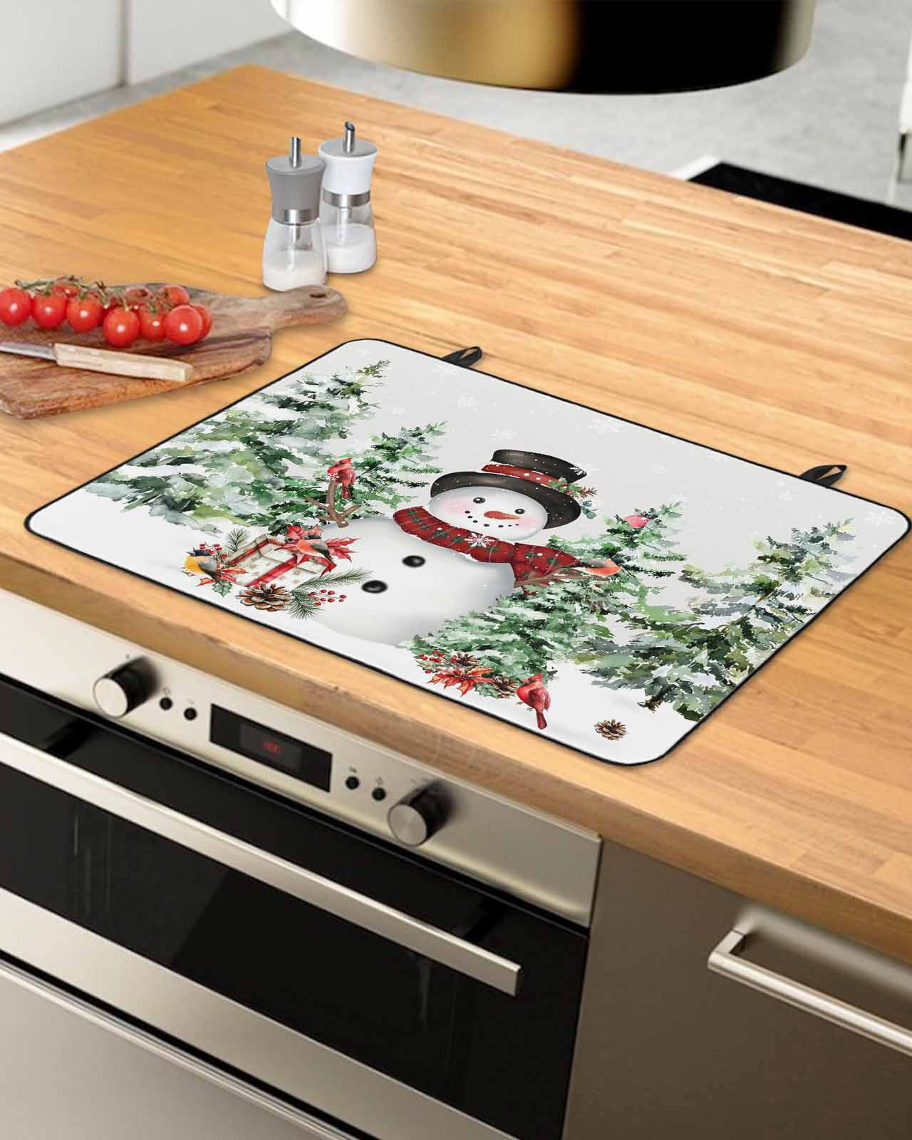 Large Induction Cooktop Protector Mat Grey Christmas Stove Top Covers for Electric Stove, Snowman Xmas Trees Snowflake Birds Watercolor Decorative Stove Burner Cover Mats, Glass Top Stove Cover