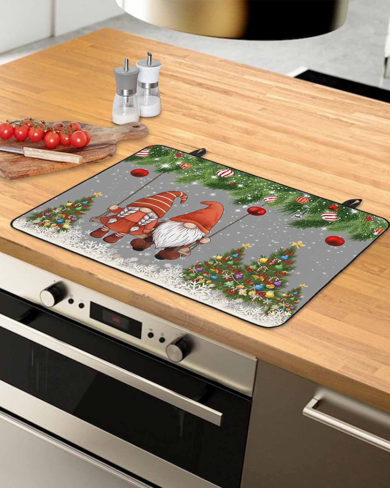 Large Induction Cooktop Protector Mat Grey Gnomes Christmas Stove Top Covers for Electric Stove, Xmas Tree Balls Snowflake Decorative Stove Burner Cover Mats, Glass Top Stove Cover