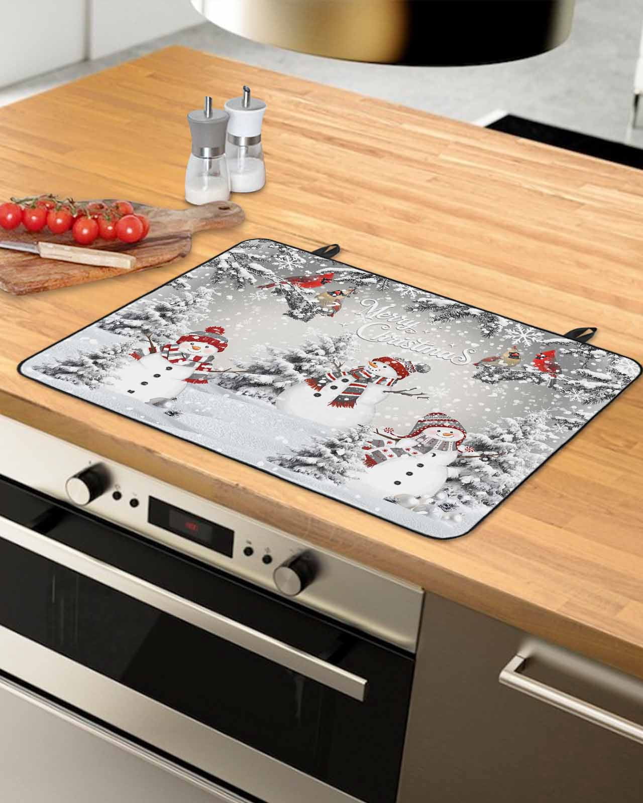 Large Induction Cooktop Protector Mat Grey Merry Christmas Stove Top Covers for Electric Stove, Snowman Xmas Tree Snowflake Winter Birds Decorative Stove Burner Cover Mats, Glass Top Stove Cover