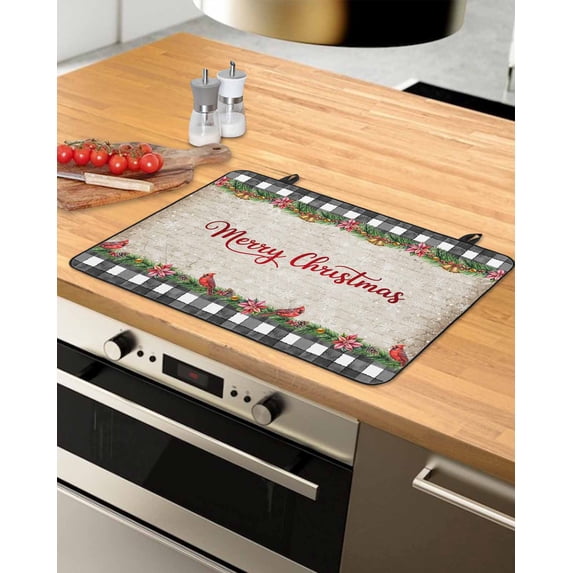 Large Induction Cooktop Protector Mat Grey Plaid Christmas Stove Top Covers for Electric Stove, Xmas Snowflake Botanical Poinsettia Decorative Stove Burner Cover Mats, Glass Top Stove Cover