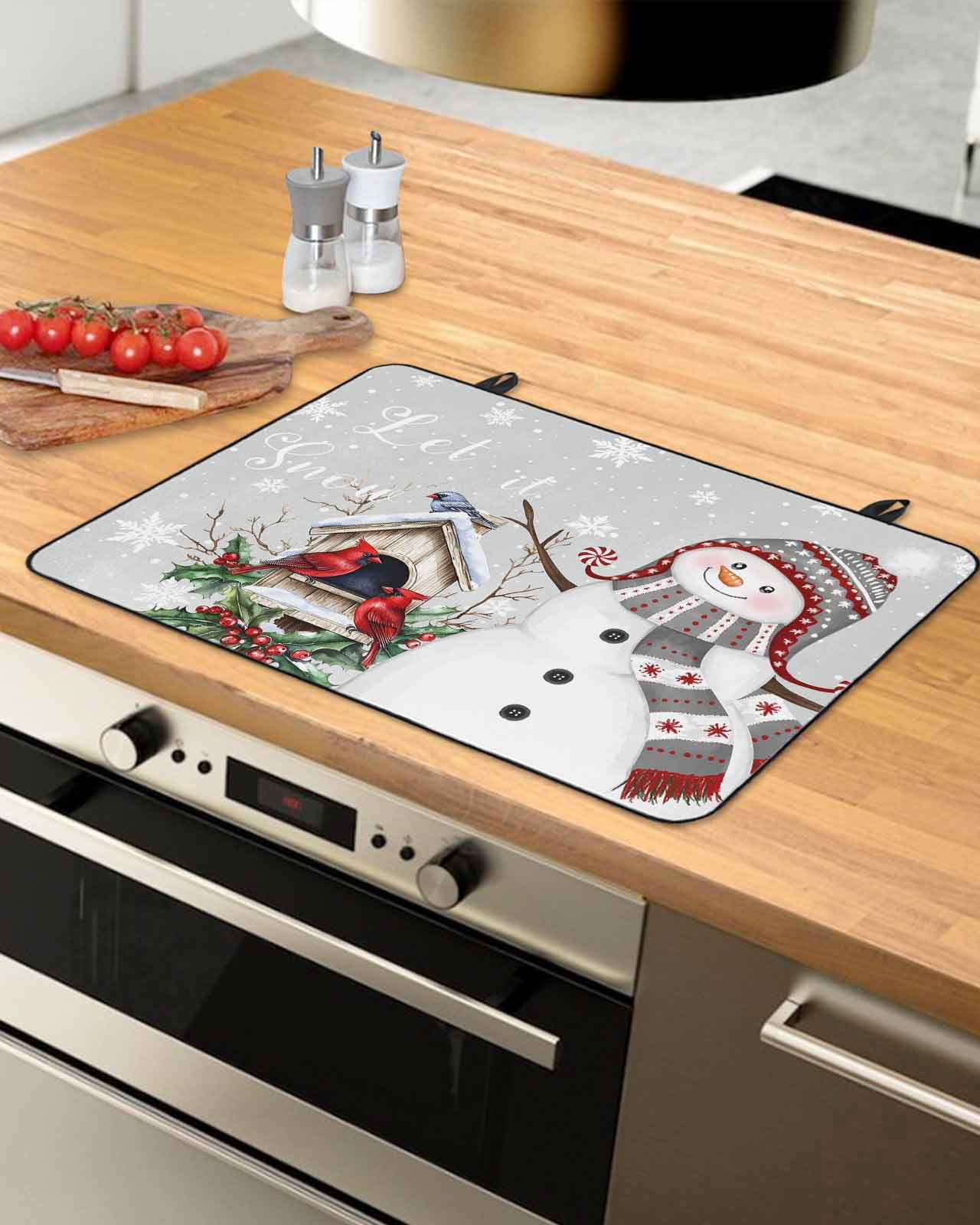 Large Induction Cooktop Protector Mat Grey Snowman Christmas Stove Top Covers for Electric Stove, Xmas Snowflake Birds Berry Winter Decorative Stove Burner Cover Mats, Glass Top Stove Cover